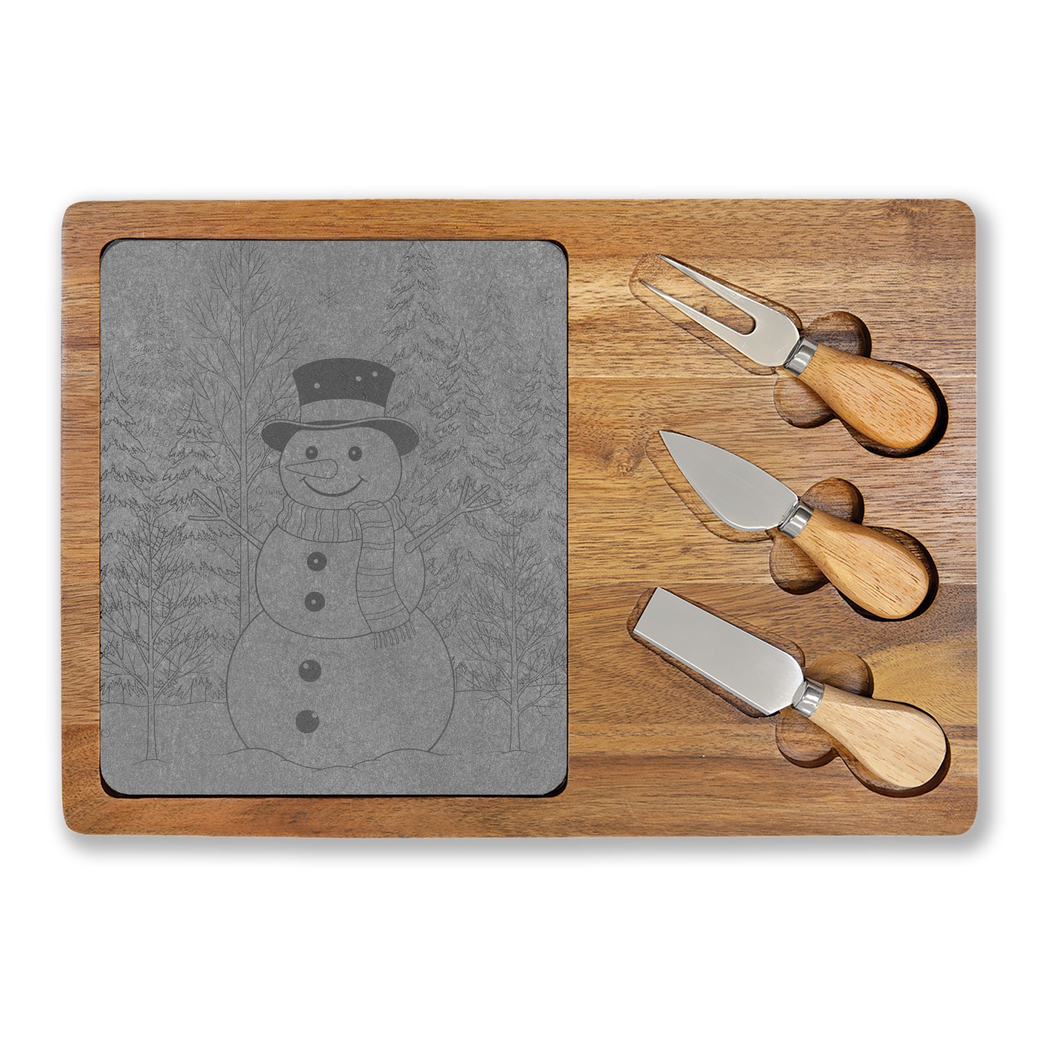 Snowman Happy Holidays Engraved Charcuterie Board with Slate Inset & 3 Cheese Knives