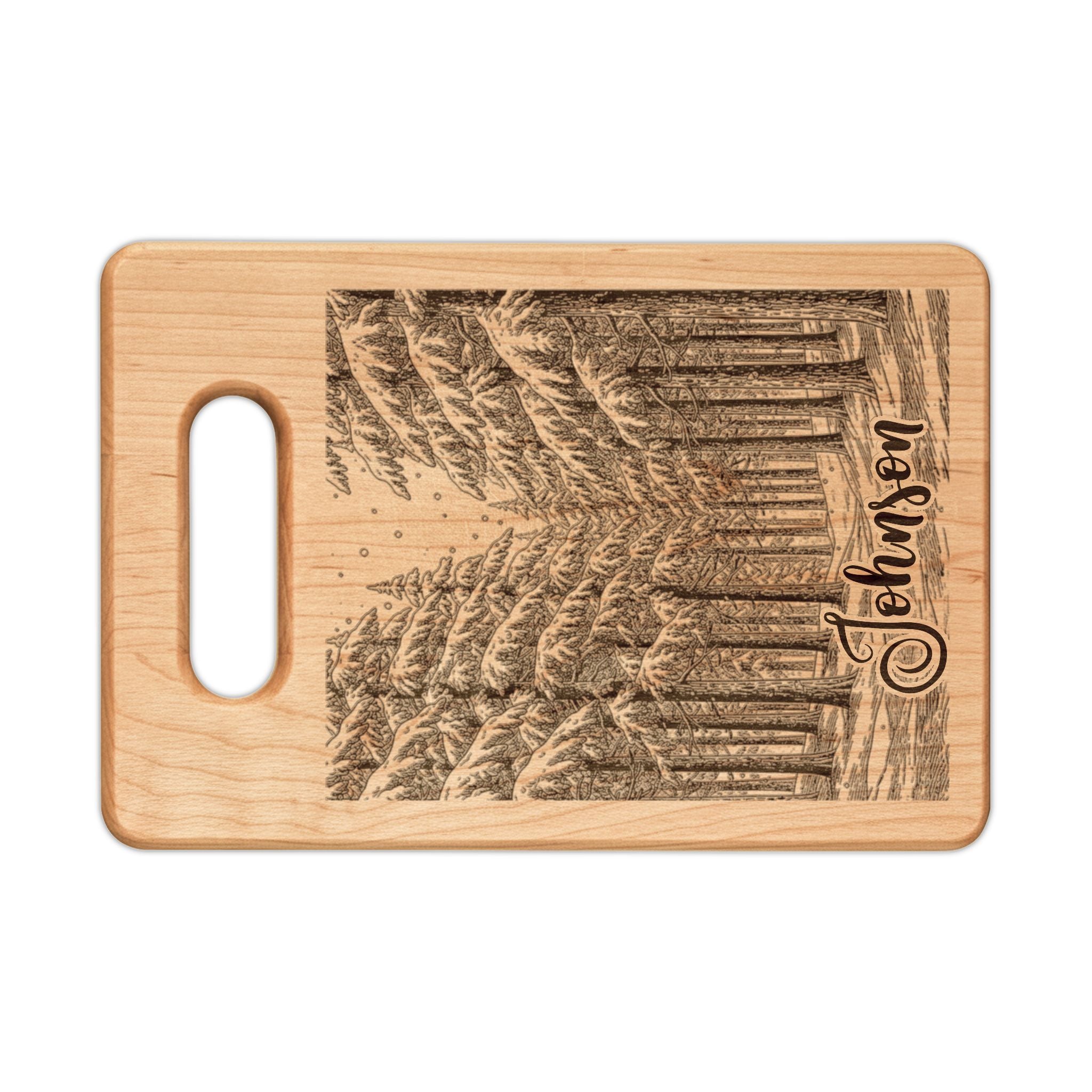 Winter Wonderland Forest Personalized Engraved Wooden Cutting Board Rectangle Handle