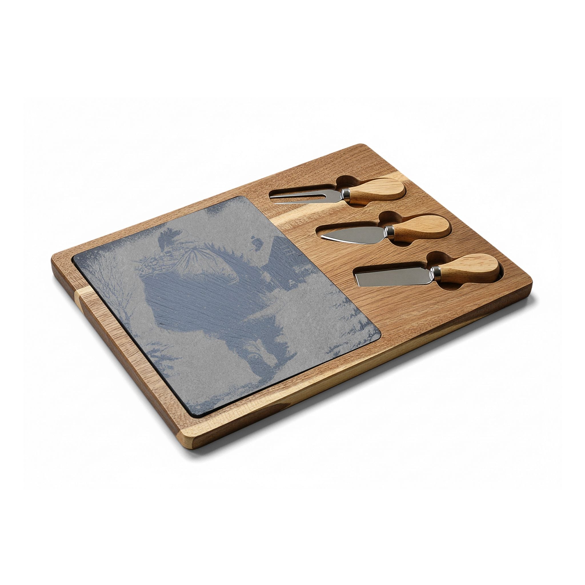 Santa Walking with Gift Sack Engraved Charcuterie Board with Slate Inset & 3 Cheese Knives