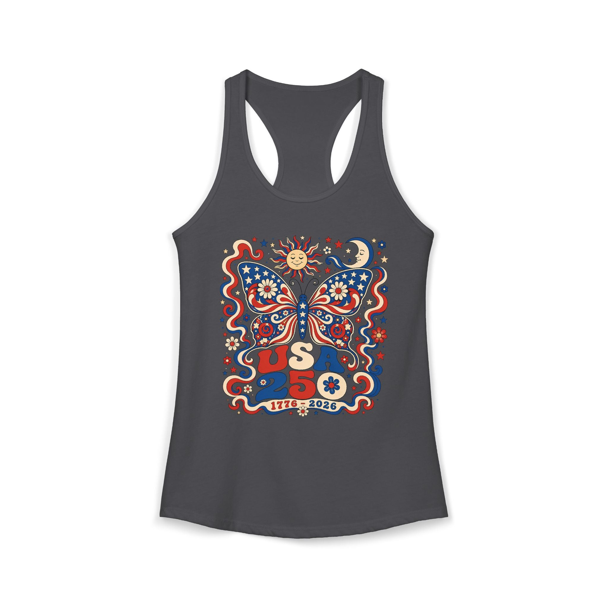 Butterfly Floral USA 250 1776 2026 Retro Patriotic Basic Racerback Tank Top - Women's