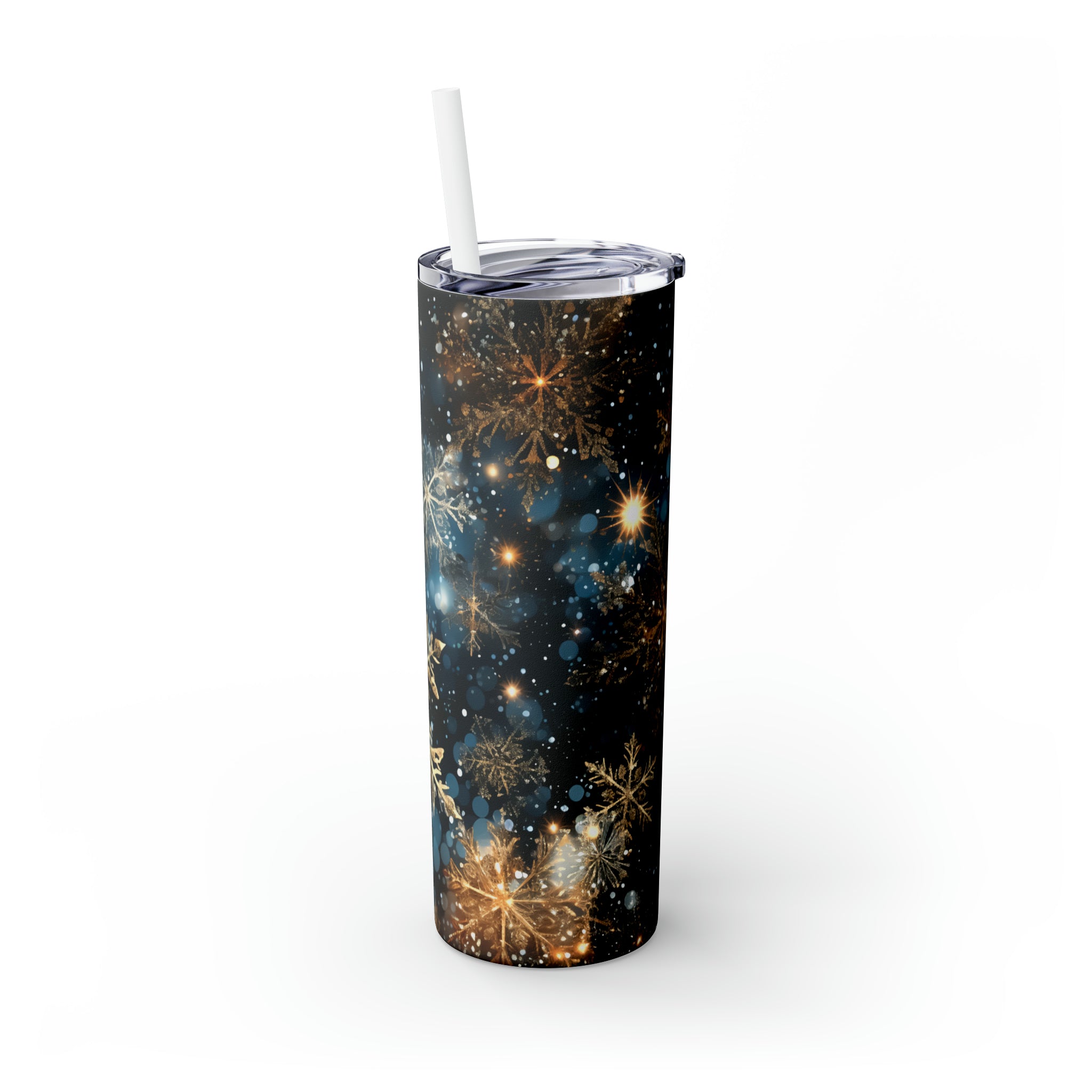 Golden Snowflakes Skinny Steel Tumbler with Straw, 20oz