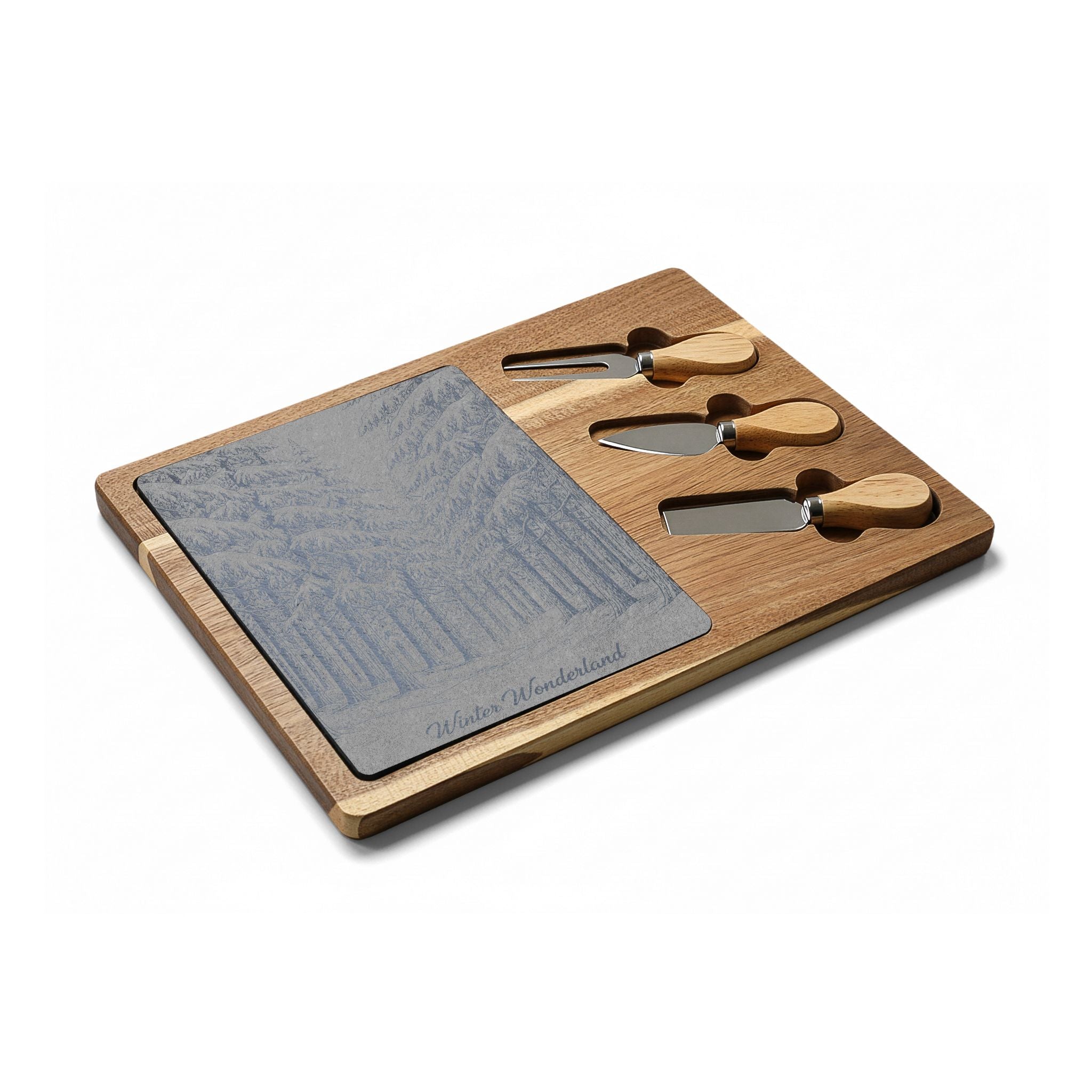 Winter Wonderland Forest Engraved Charcuterie Board with Slate Inset & 3 Cheese Knives