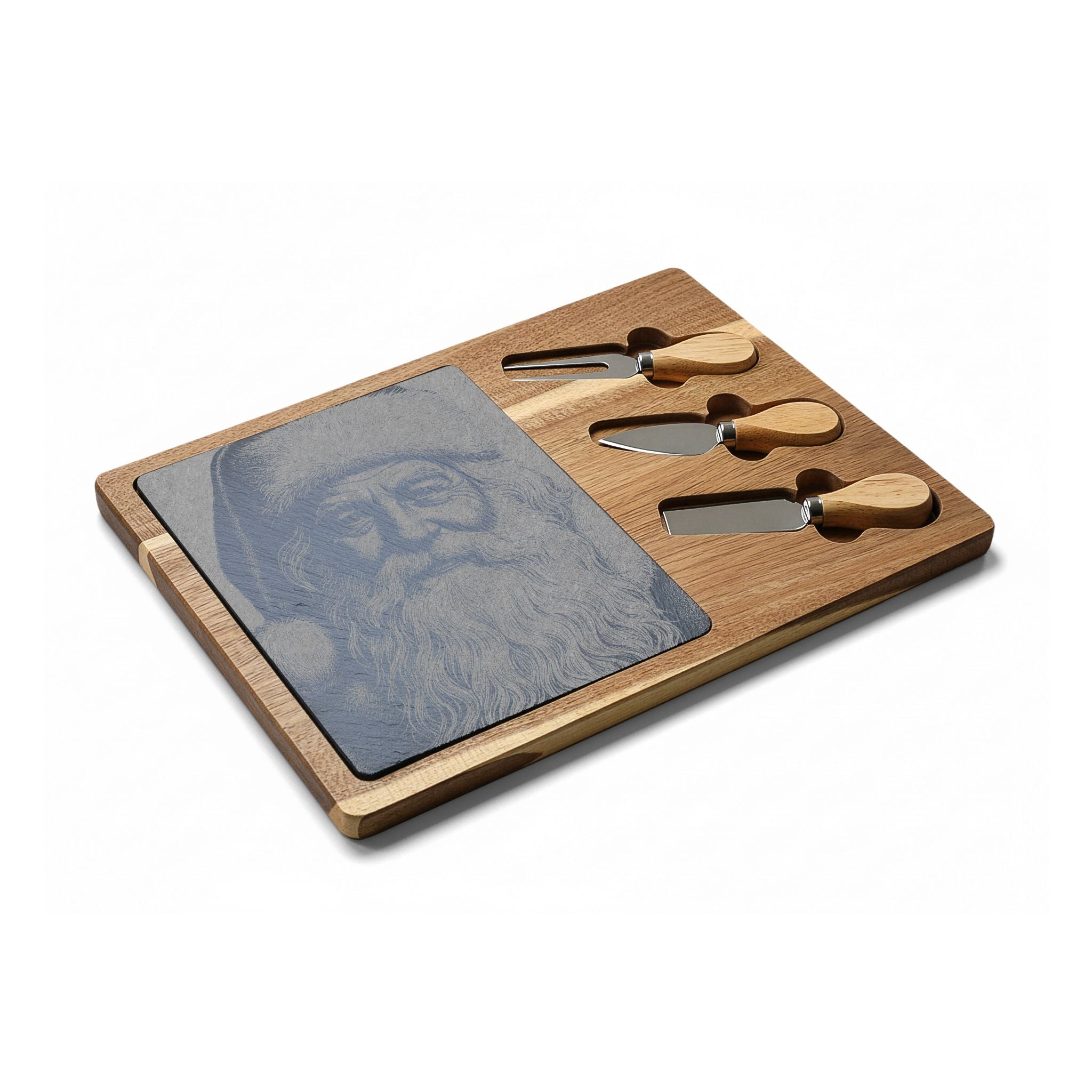 Santa Portrait Engraved Charcuterie Board with Slate Inset & 3 Cheese Knives