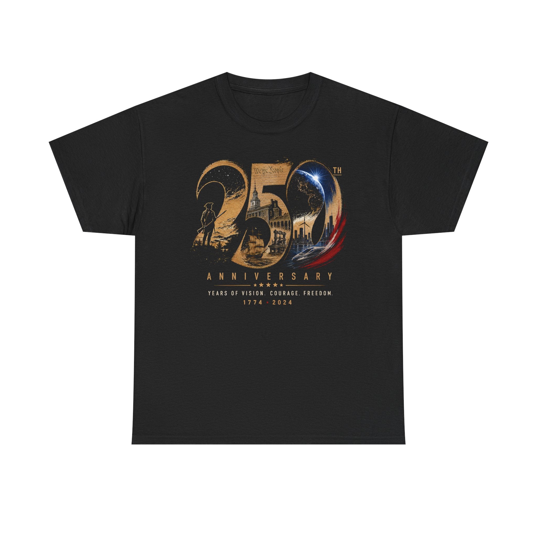 Gold Number Skyline USA 250 Anniversary Distressed Patriotic Basic T-Shirt - Unisex
