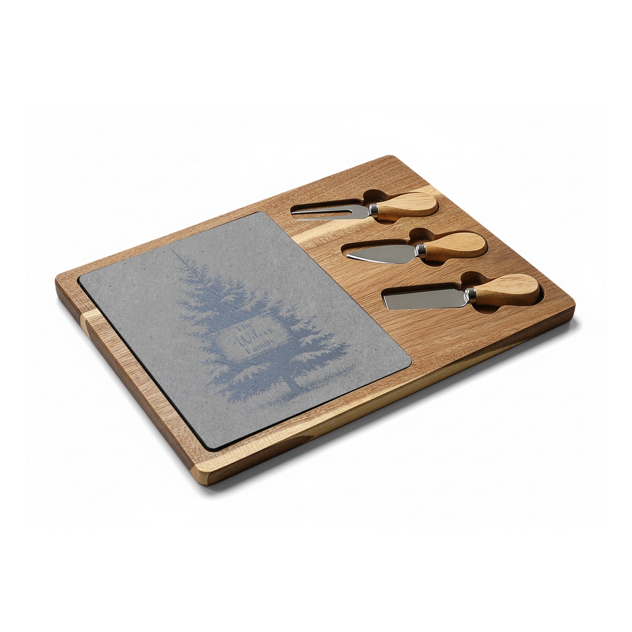 Christmas Tree with Wooden Sign Personalized Engraved Charcuterie Board with Slate Inset & 3 Cheese Knives