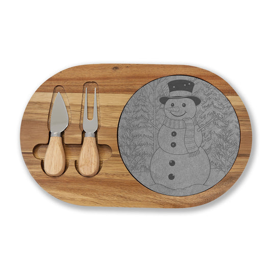 Snowman Happy Holidays Engraved Charcuterie Board with Slate Insert & Cheese Knives