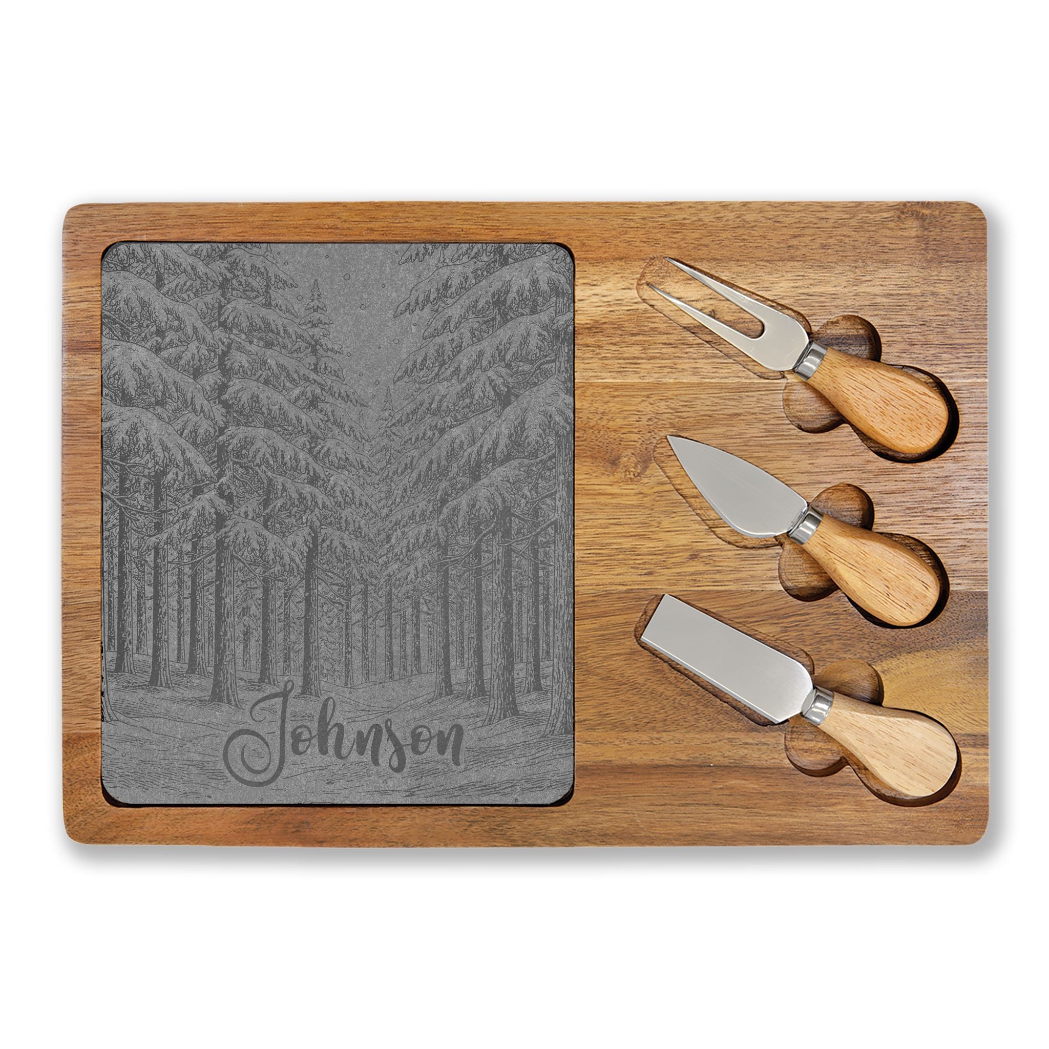 Winter Wonderland Forest Personalized Engraved Charcuterie Board with Slate Inset & 3 Cheese Knives