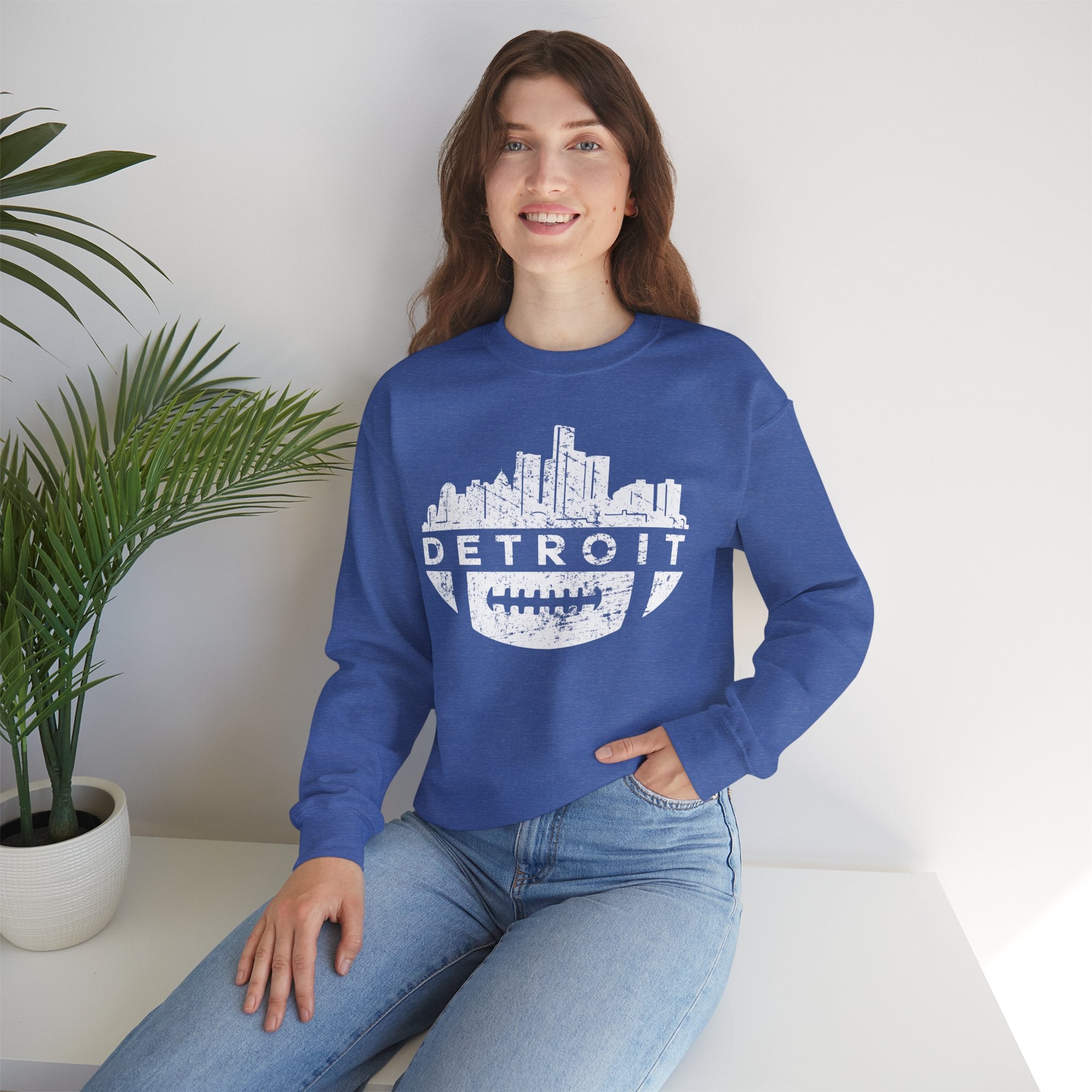 Detroit Football Skyline White Crewneck Sweatshirt - Unisex