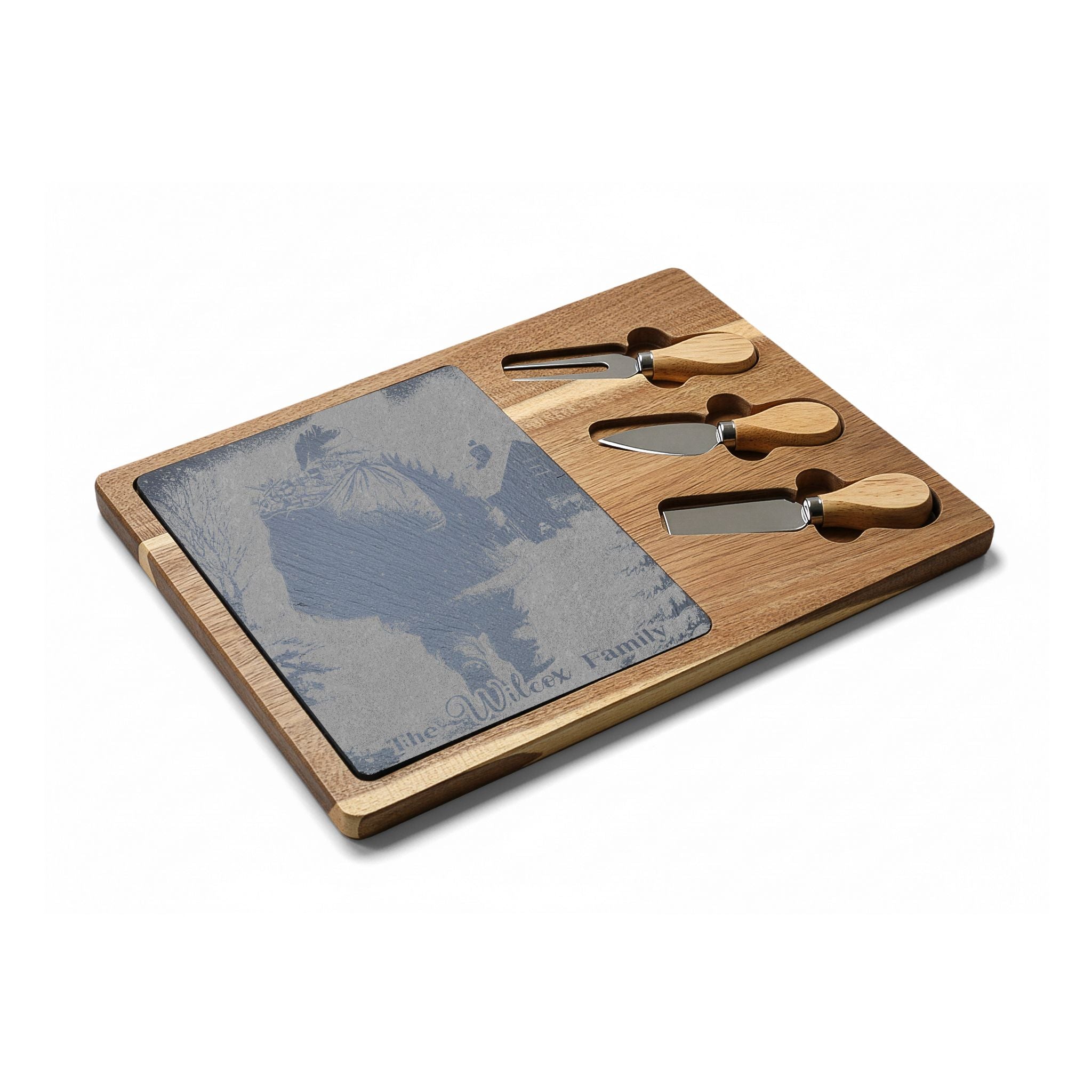 Santa Walking with Gift Sack Personalized Engraved Charcuterie Board with Slate Inset & 3 Cheese Knives