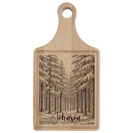Winter Wonderland Forest Personalized Engraved Wooden Cutting Board Paddle w Handle