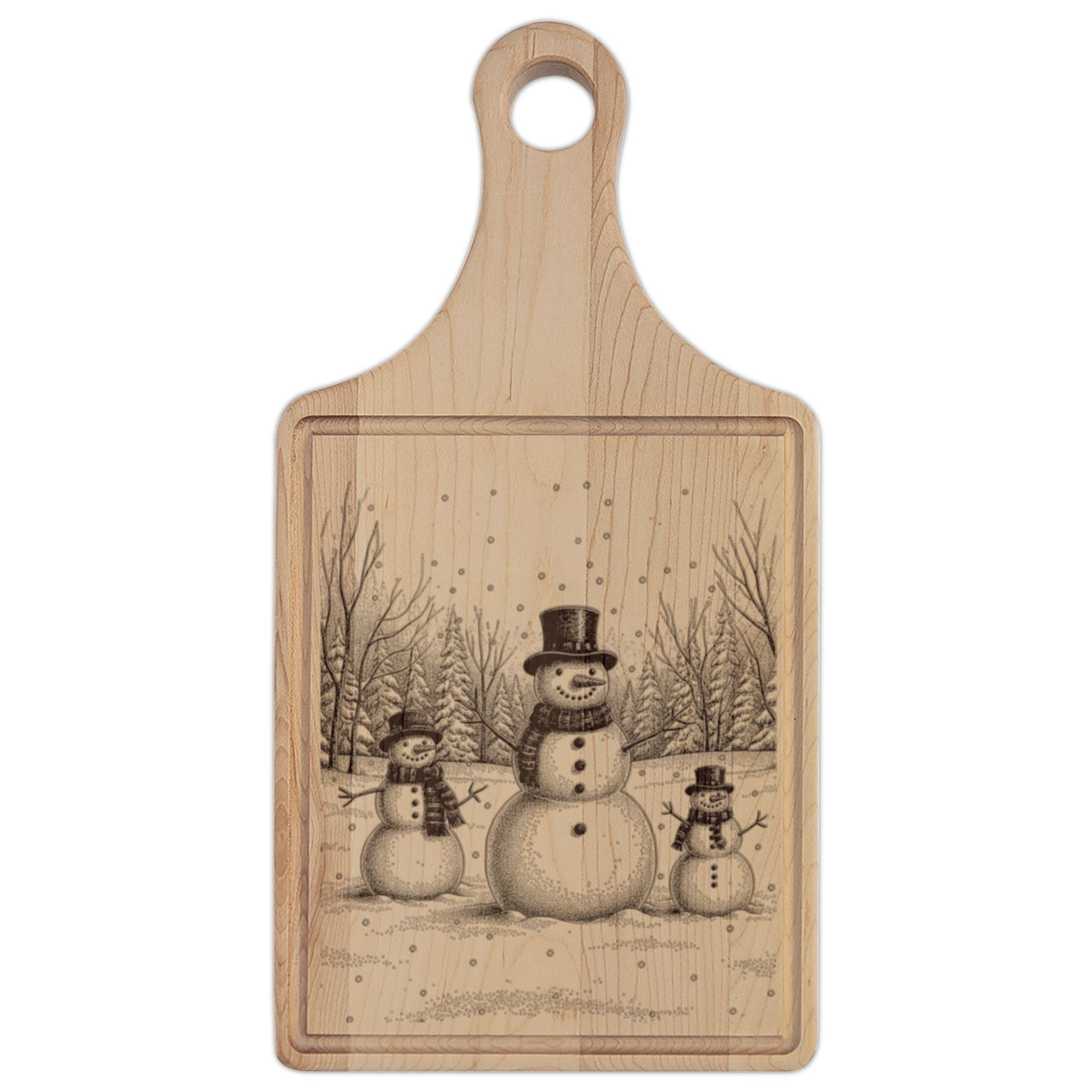 Snowman Trio in Forest Engraved Wooden Cutting Board Paddle w Handle