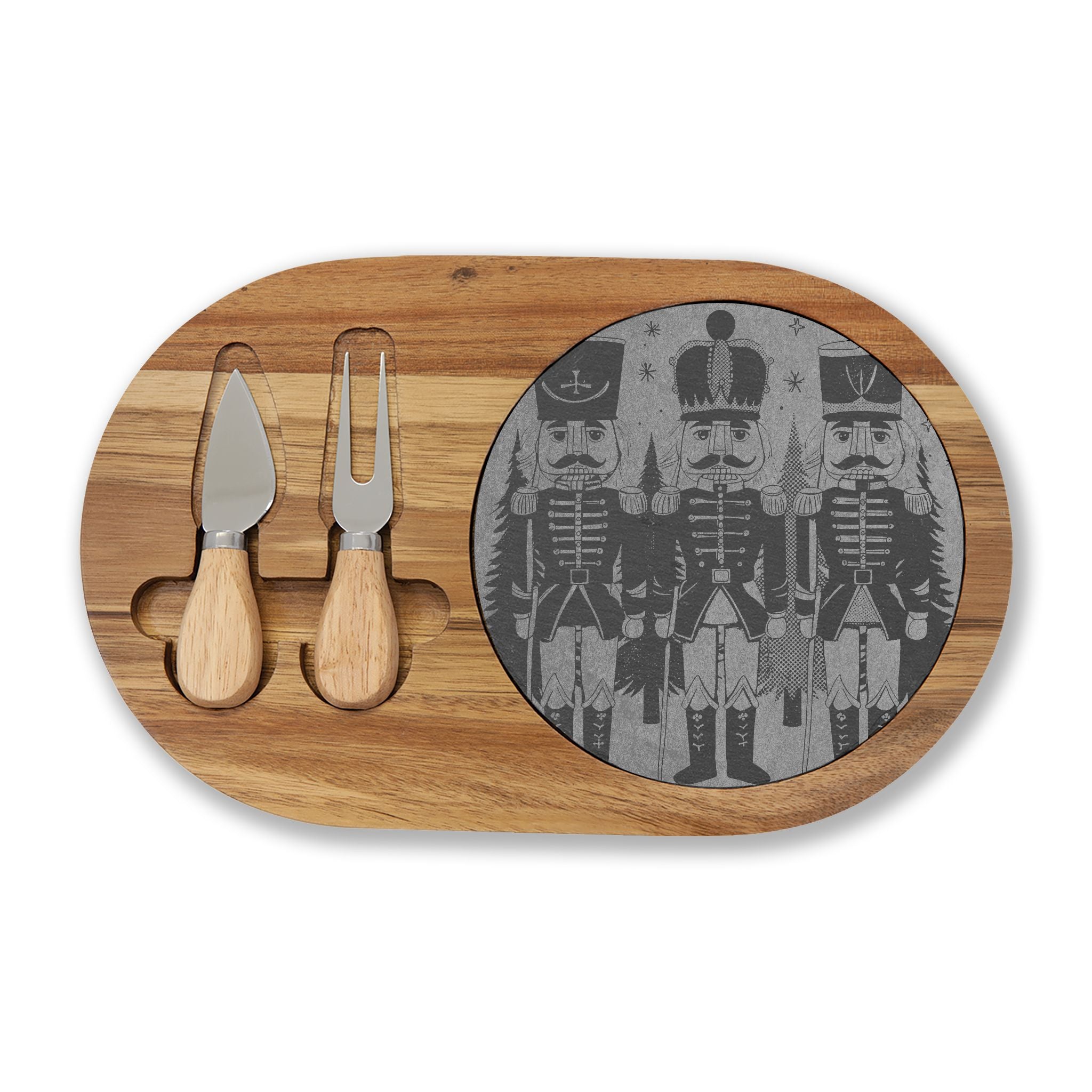 Nutcrackers Merry Christmas Engraved Charcuterie Board with Slate Insert & Cheese Knives