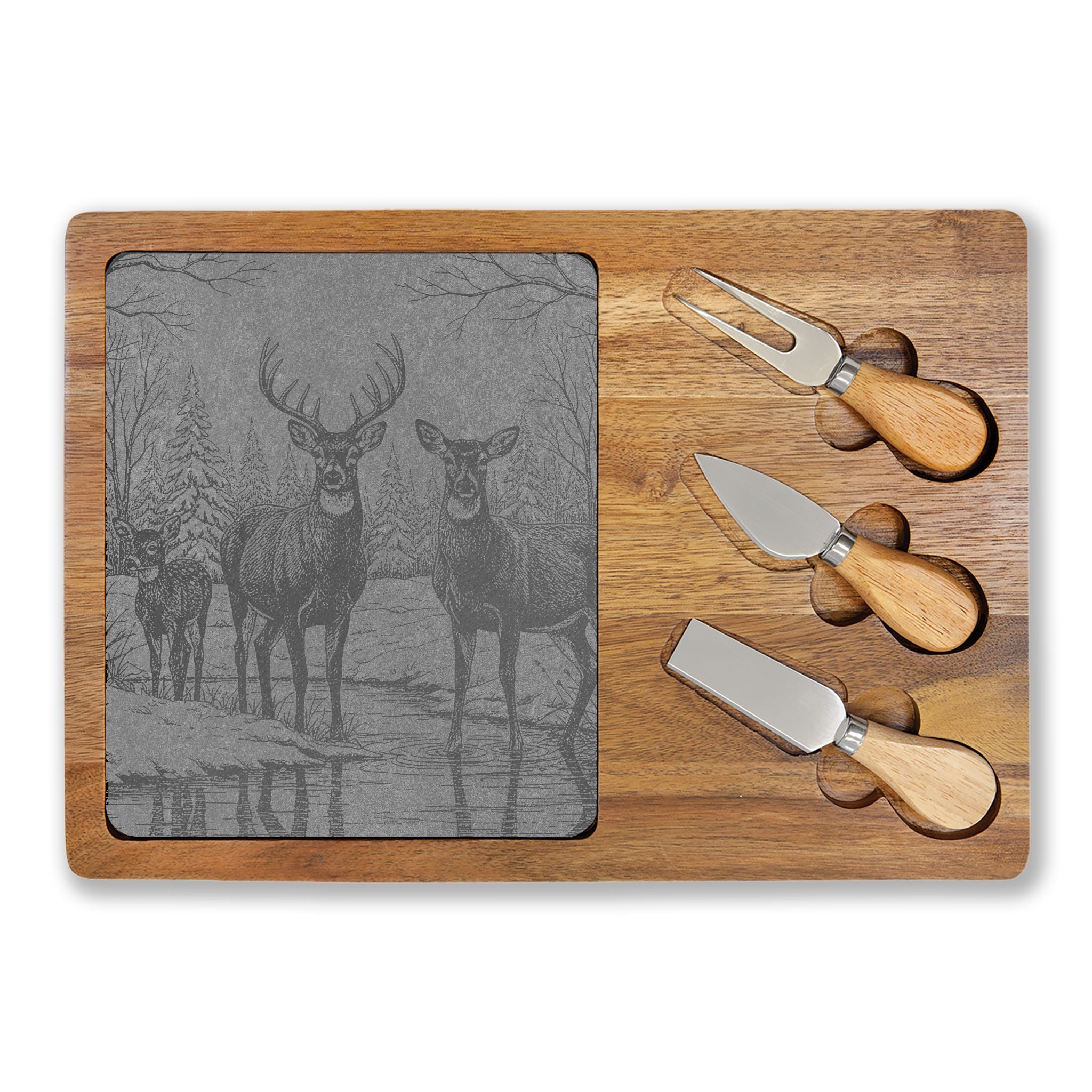 Deer Family in Snow Engraved Charcuterie Board with Slate Inset & 3 Cheese Knives