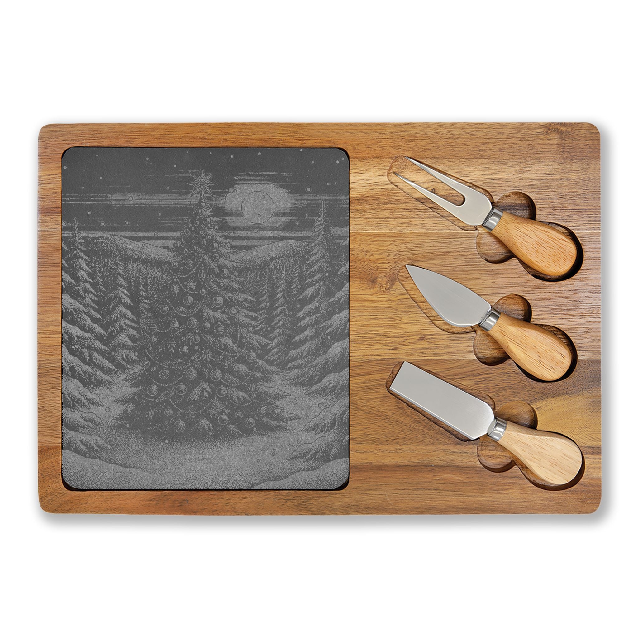Christmas Tree Engraved Charcuterie Board with Slate Inset & 3 Cheese Knives