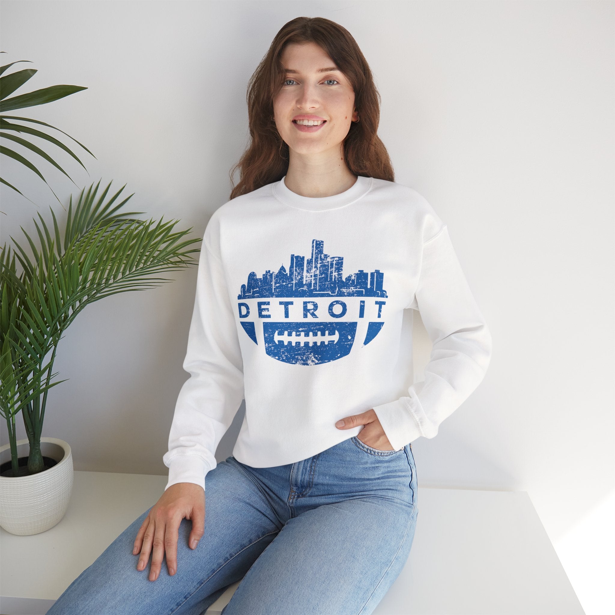 Detroit Football Skyline Blue Crewneck Sweatshirt - Unisex