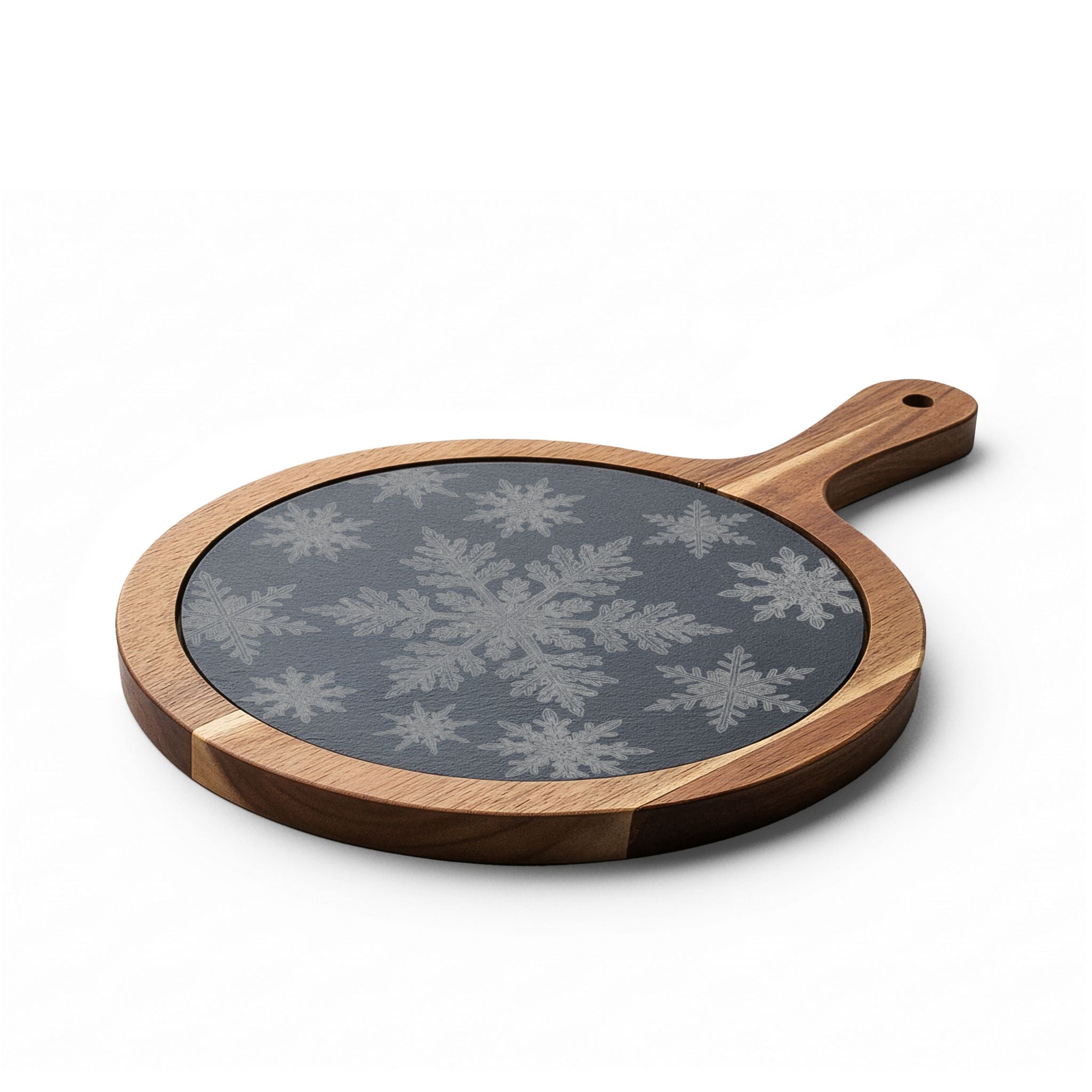 Snowflakes Engraved Round Charcuterie Board with Handle