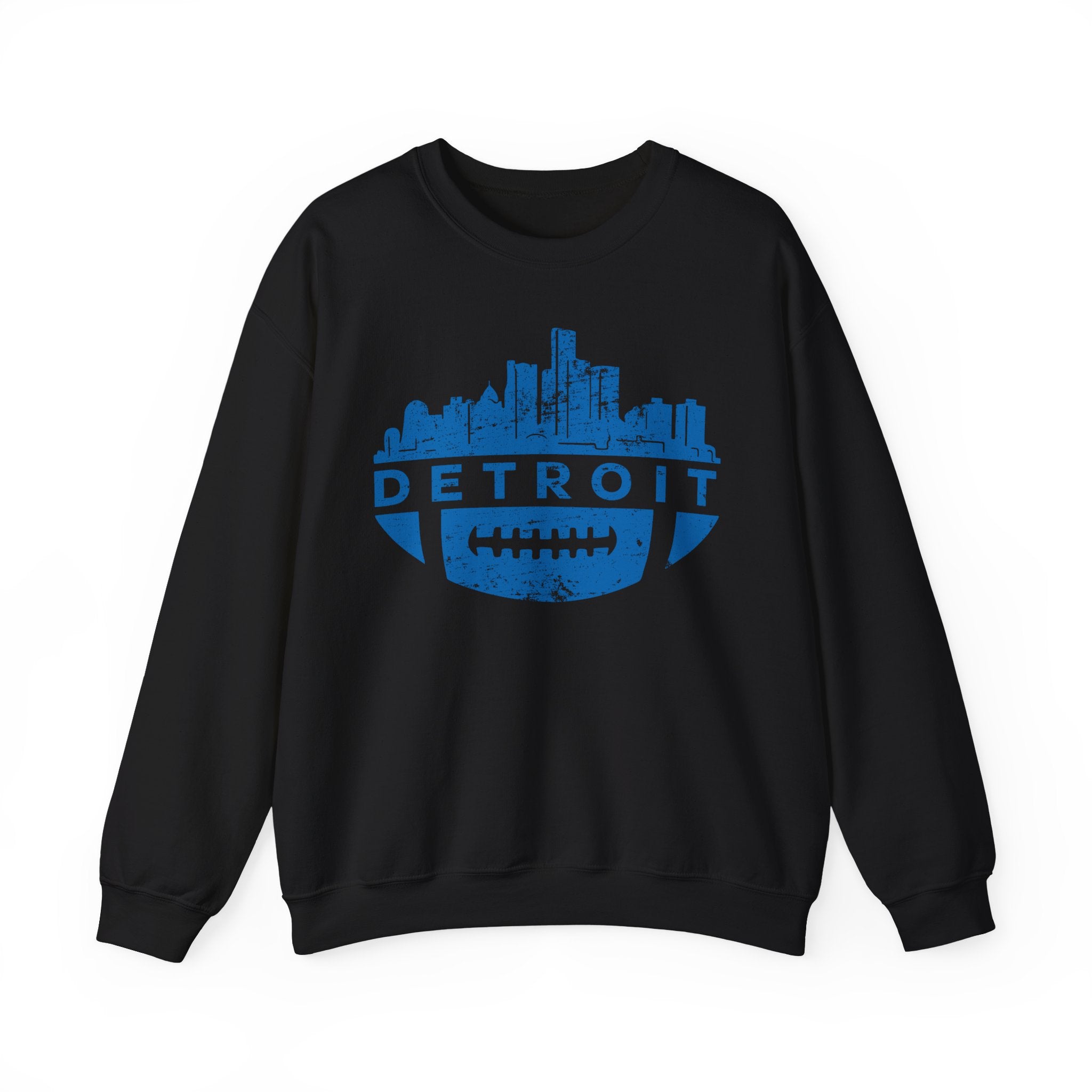 Detroit Football Skyline Blue Crewneck Sweatshirt - Unisex