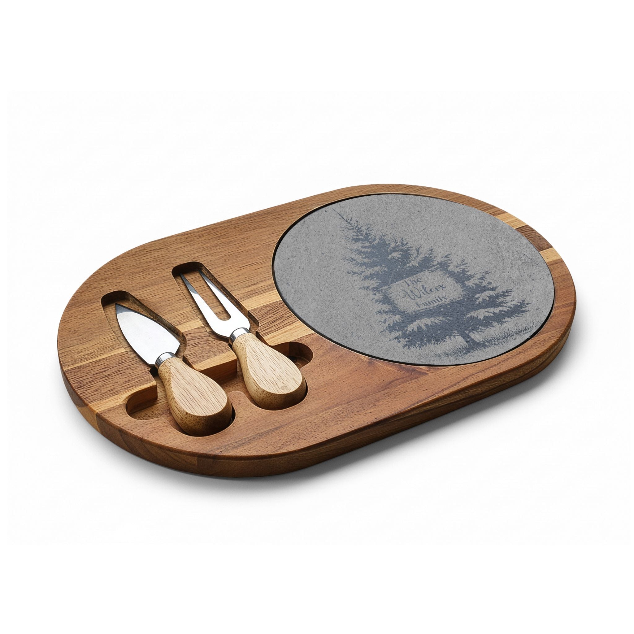 Christmas Tree with Wooden Sign Personalized Engraved Charcuterie Board with Slate Insert & Cheese Knives