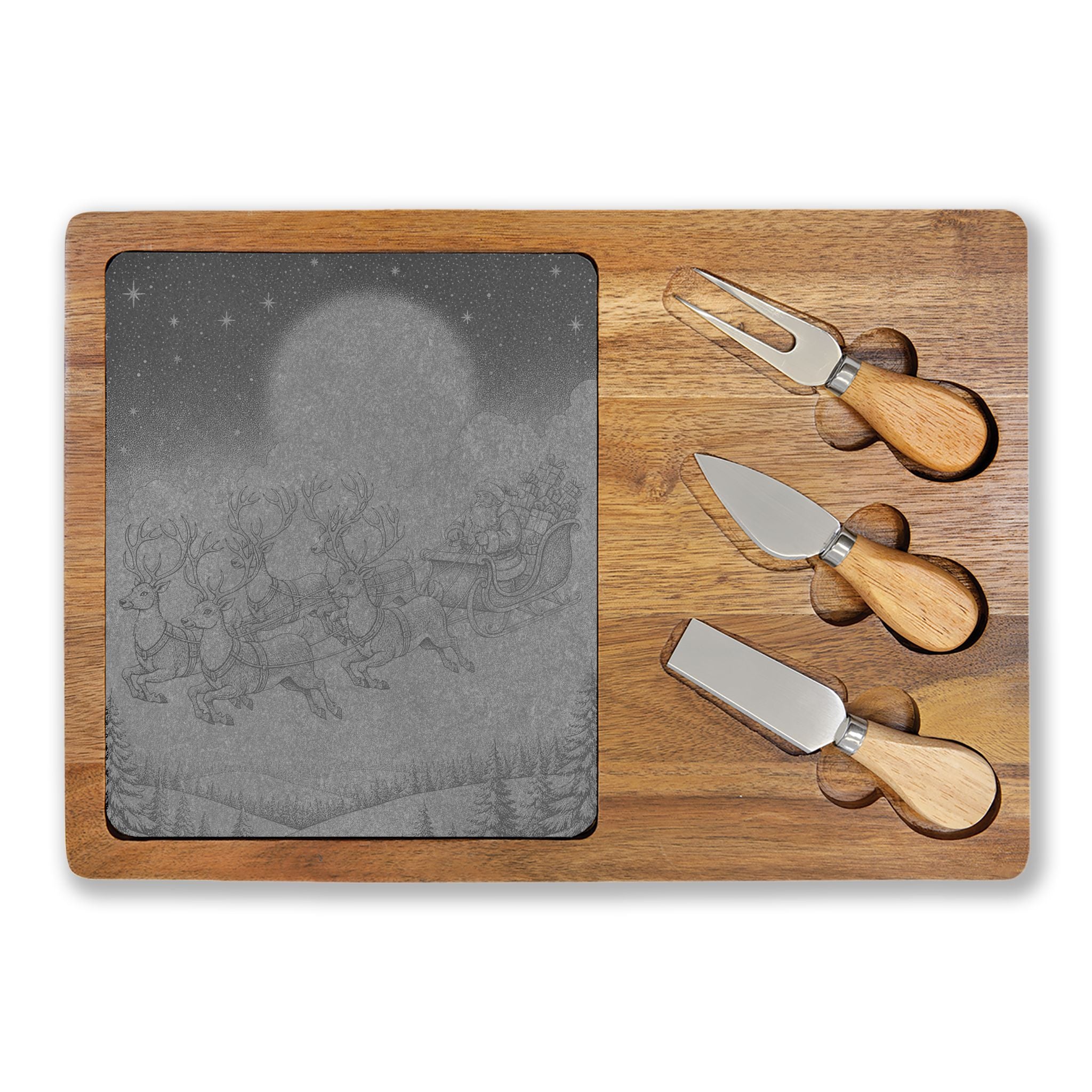Santa Sleigh Flying Moon Engraved Charcuterie Board with Slate Inset & 3 Cheese Knives