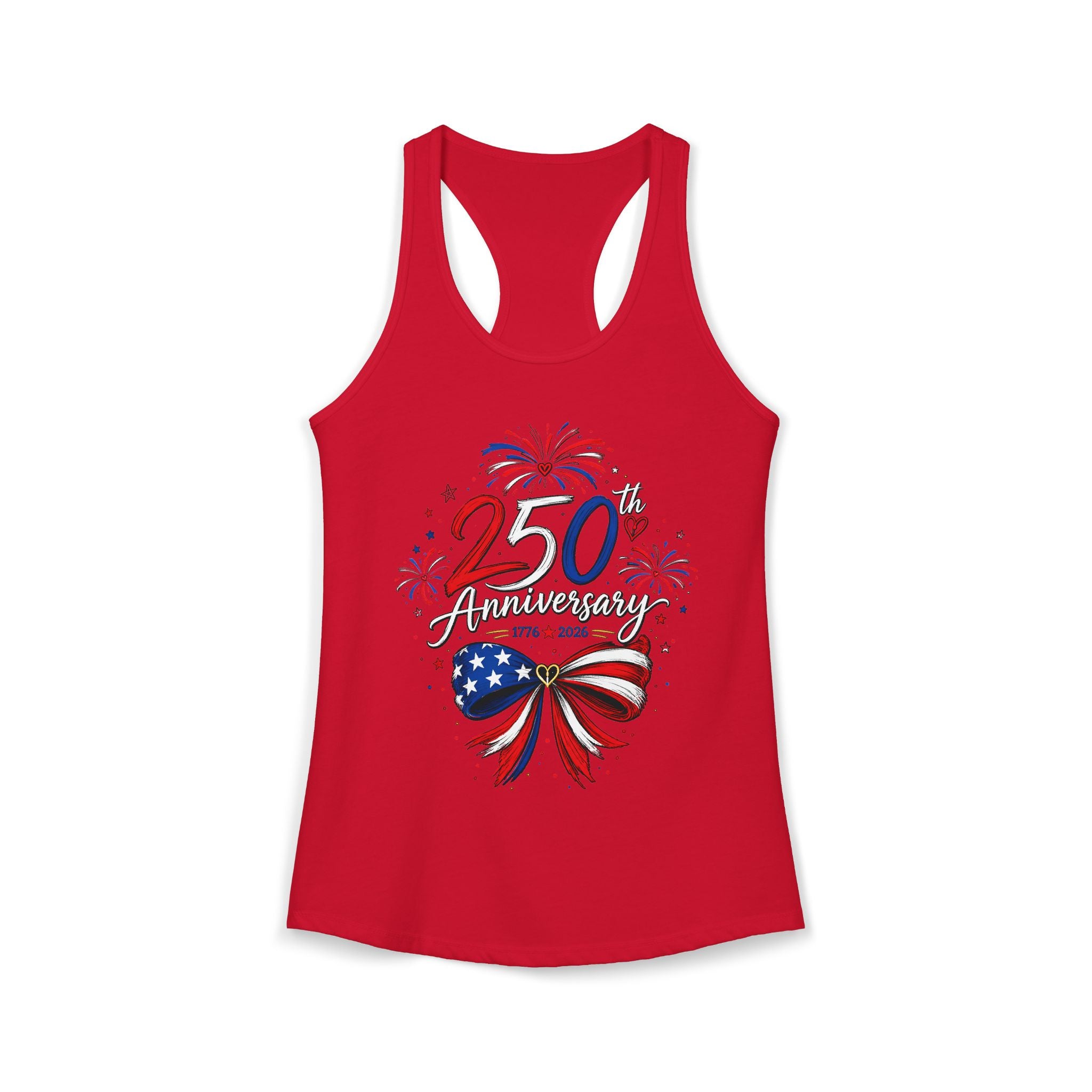Ribbon Bow 250th Anniversary 1776 2026 Patriotic Americana Basic Racerback Tank Top - Women's