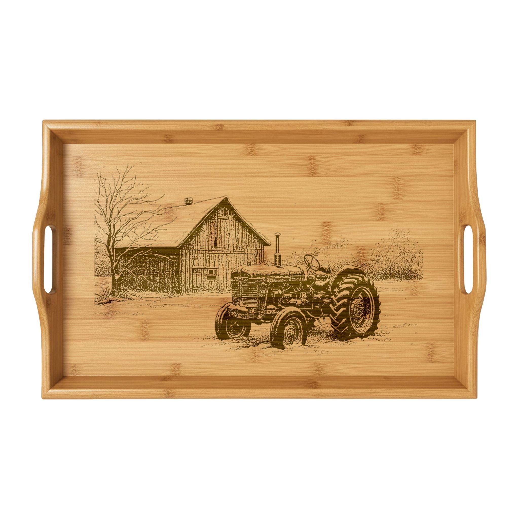 Tractor and Barn in Winter Engraved Bamboo Serving Tray