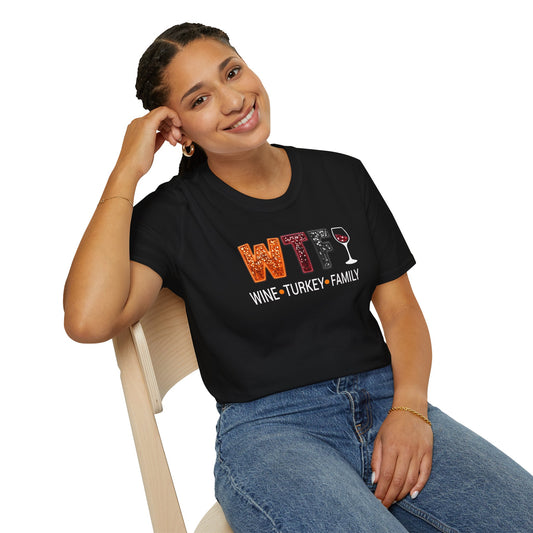WTF Wine Turkey Family Unisex Softstyle T-Shirt *Printed design, not real sequins (DTF)*