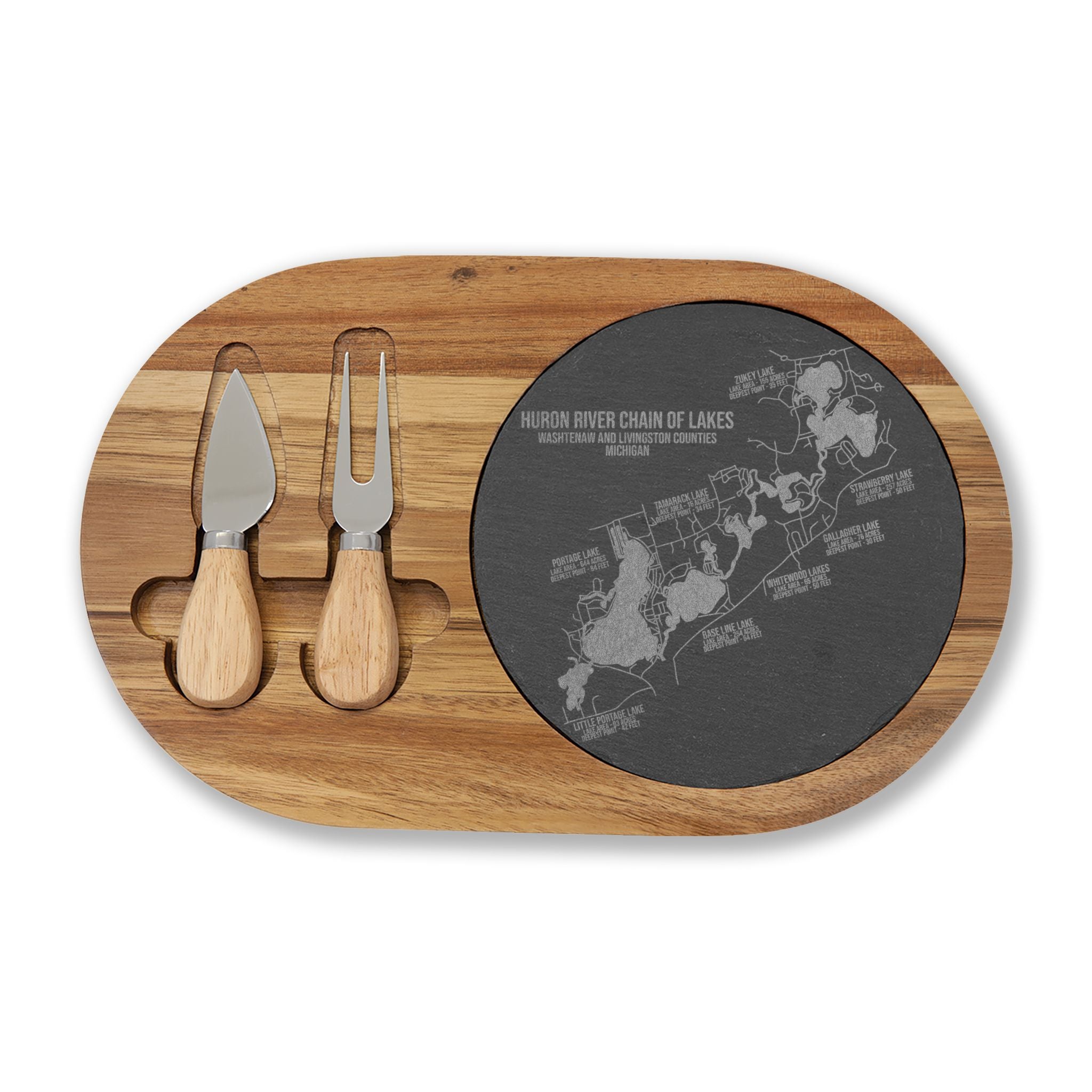 Huron River Chain of Lakes Engraved Charcuterie Board with Slate Insert & Cheese Knives