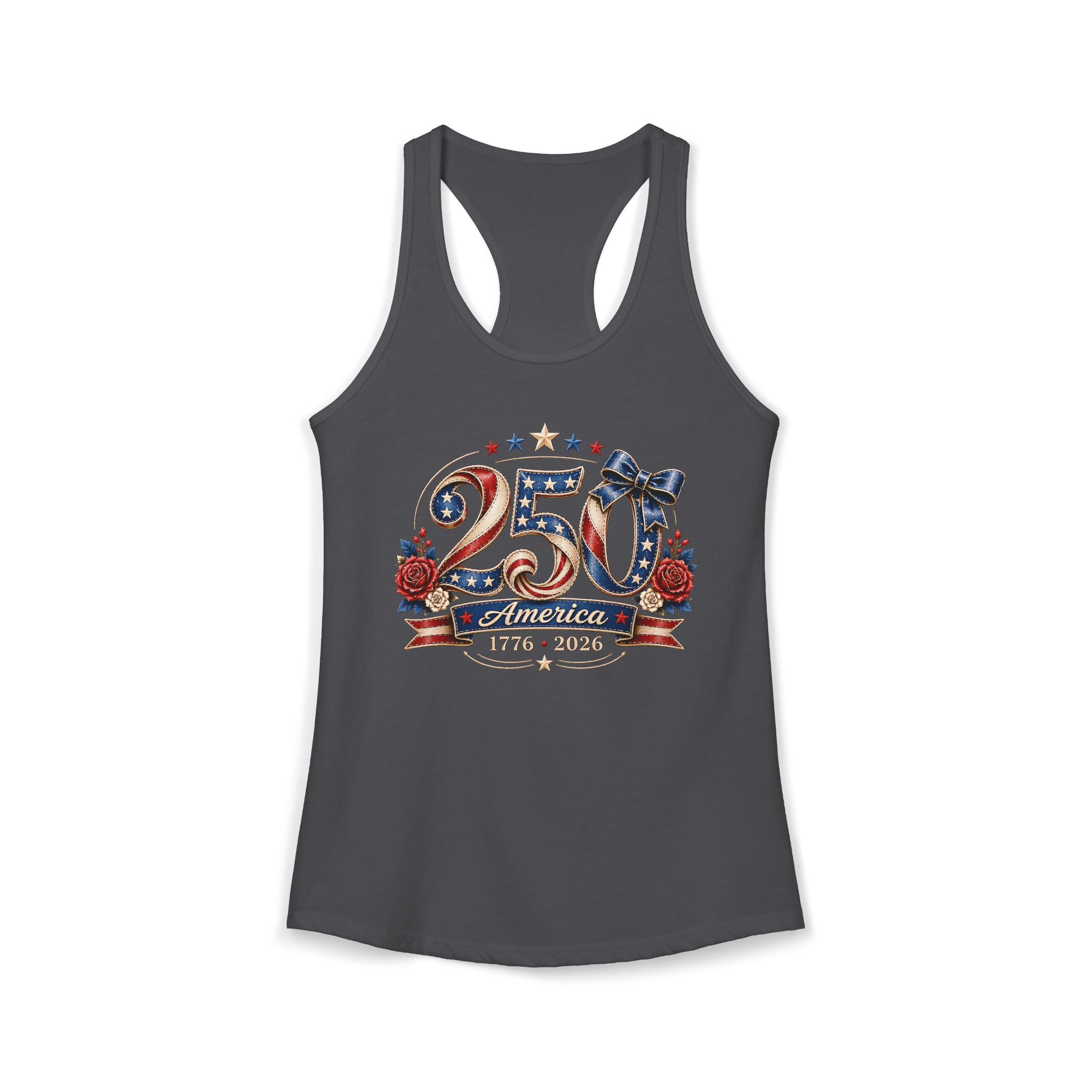 Feminine Bow 250 America 1776 2026 Floral Patriotic Basic Racerback Tank Top - Women's