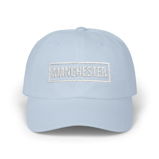 Manchester Bold & Square White Embroidery Dad Cap