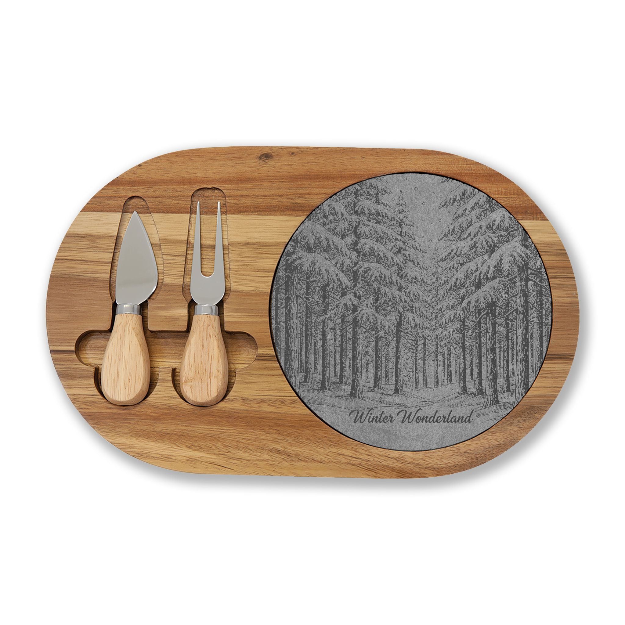Winter Wonderland Forest Engraved Charcuterie Board with Slate Insert & Cheese Knives