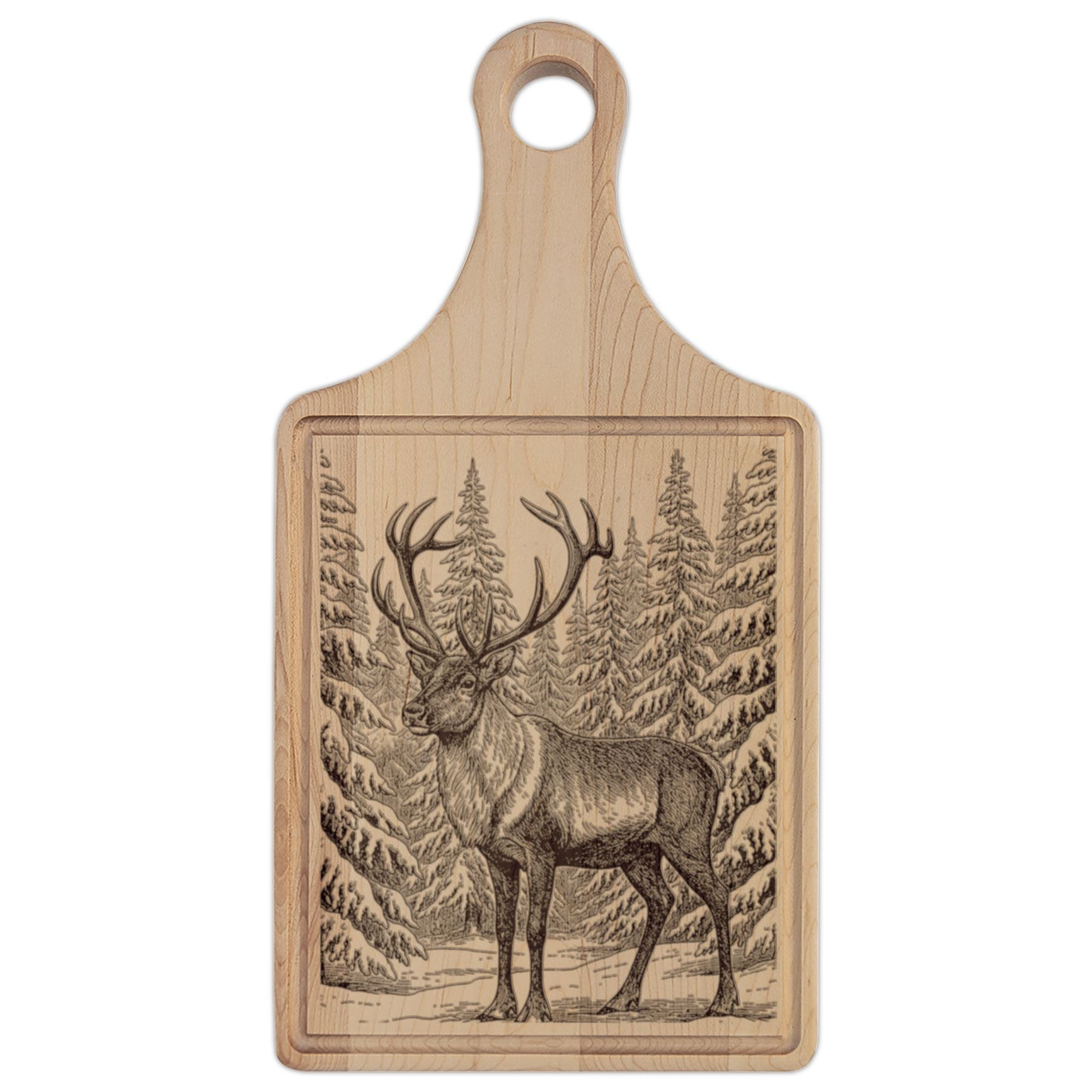 Reindeer in Snow Engraved Wooden Cutting Board Paddle w Handle