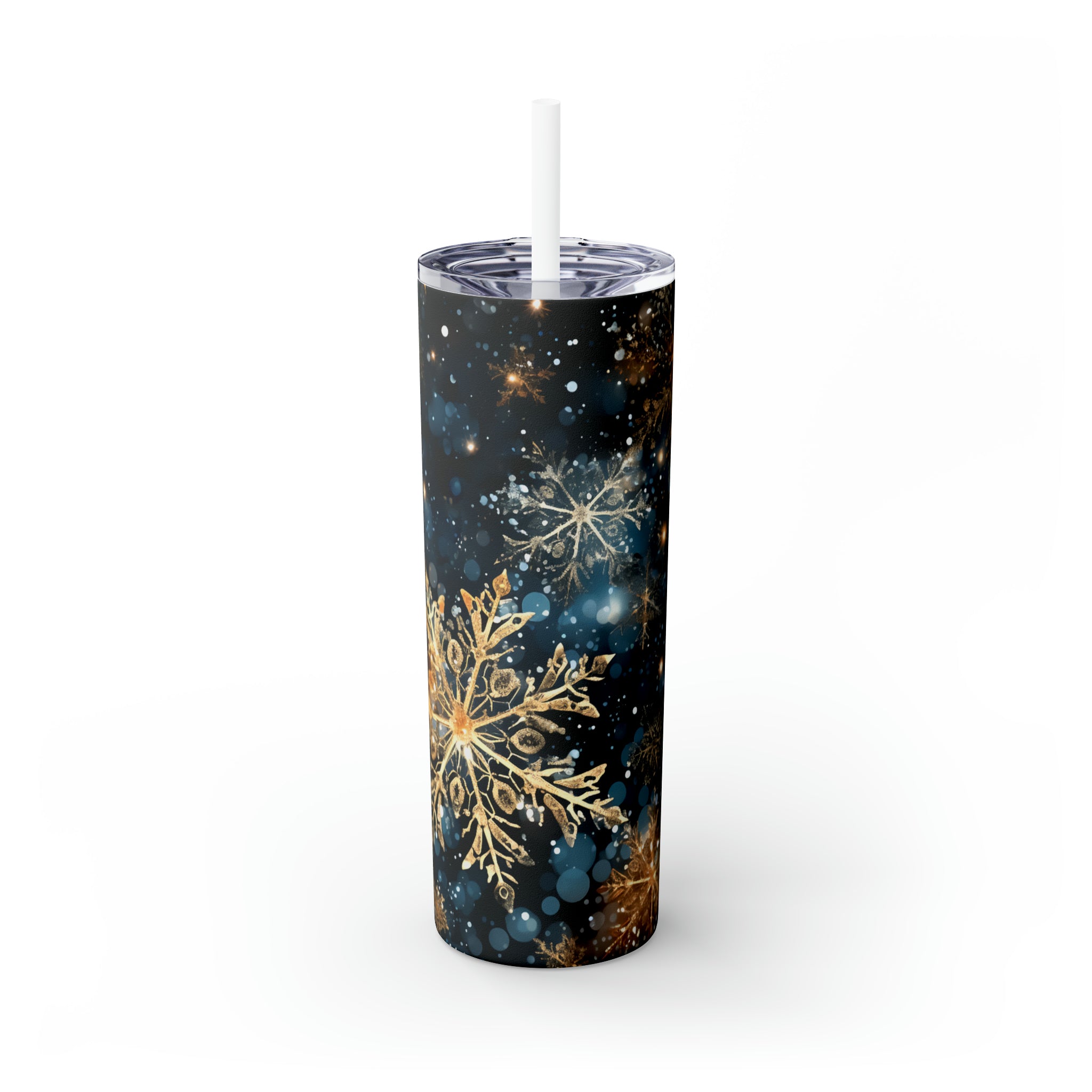 Golden Snowflakes Skinny Steel Tumbler with Straw, 20oz