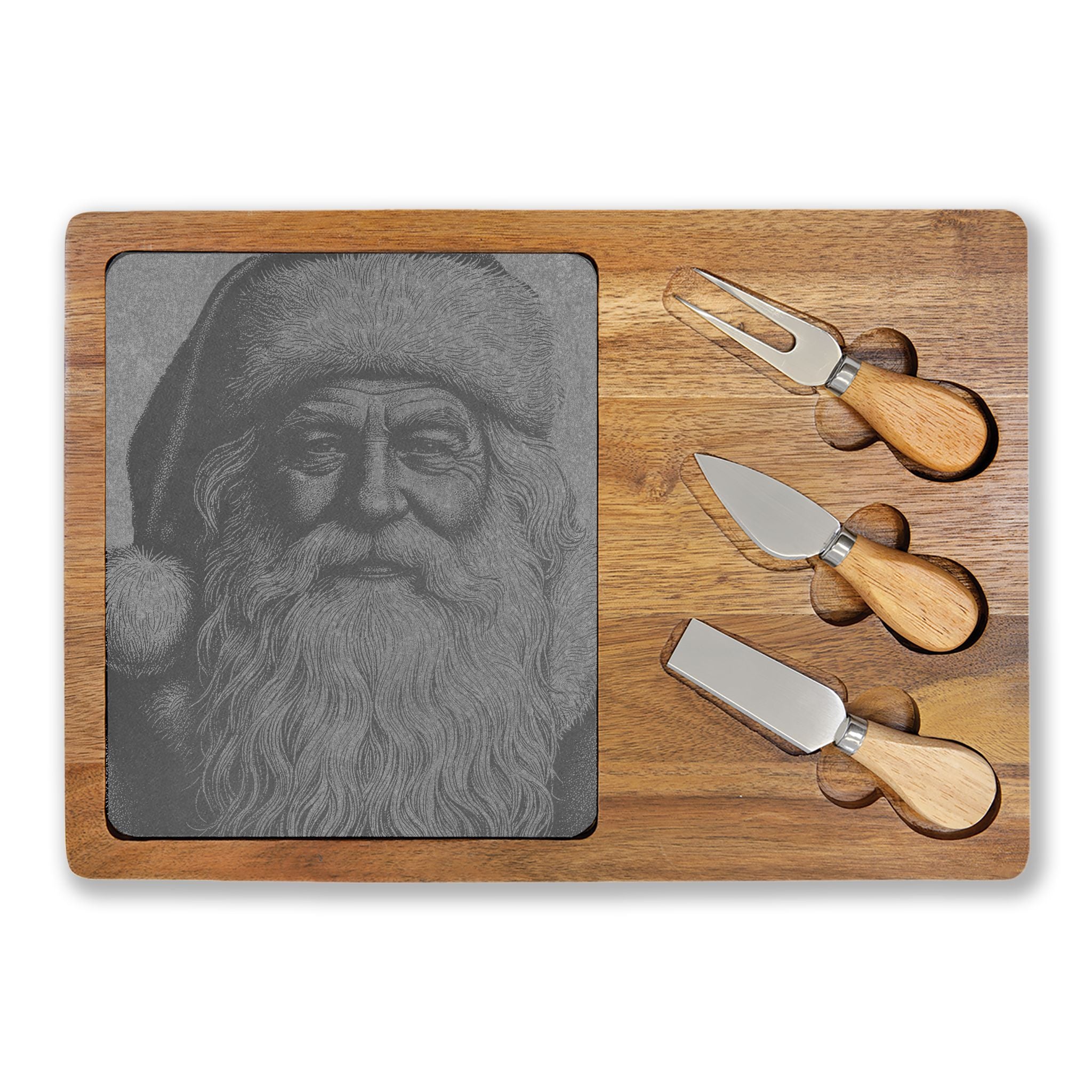 Santa Portrait Engraved Charcuterie Board with Slate Inset & 3 Cheese Knives