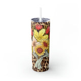 Leopard Pattern with Flowers Skinny Steel Tumbler with Straw, 20oz