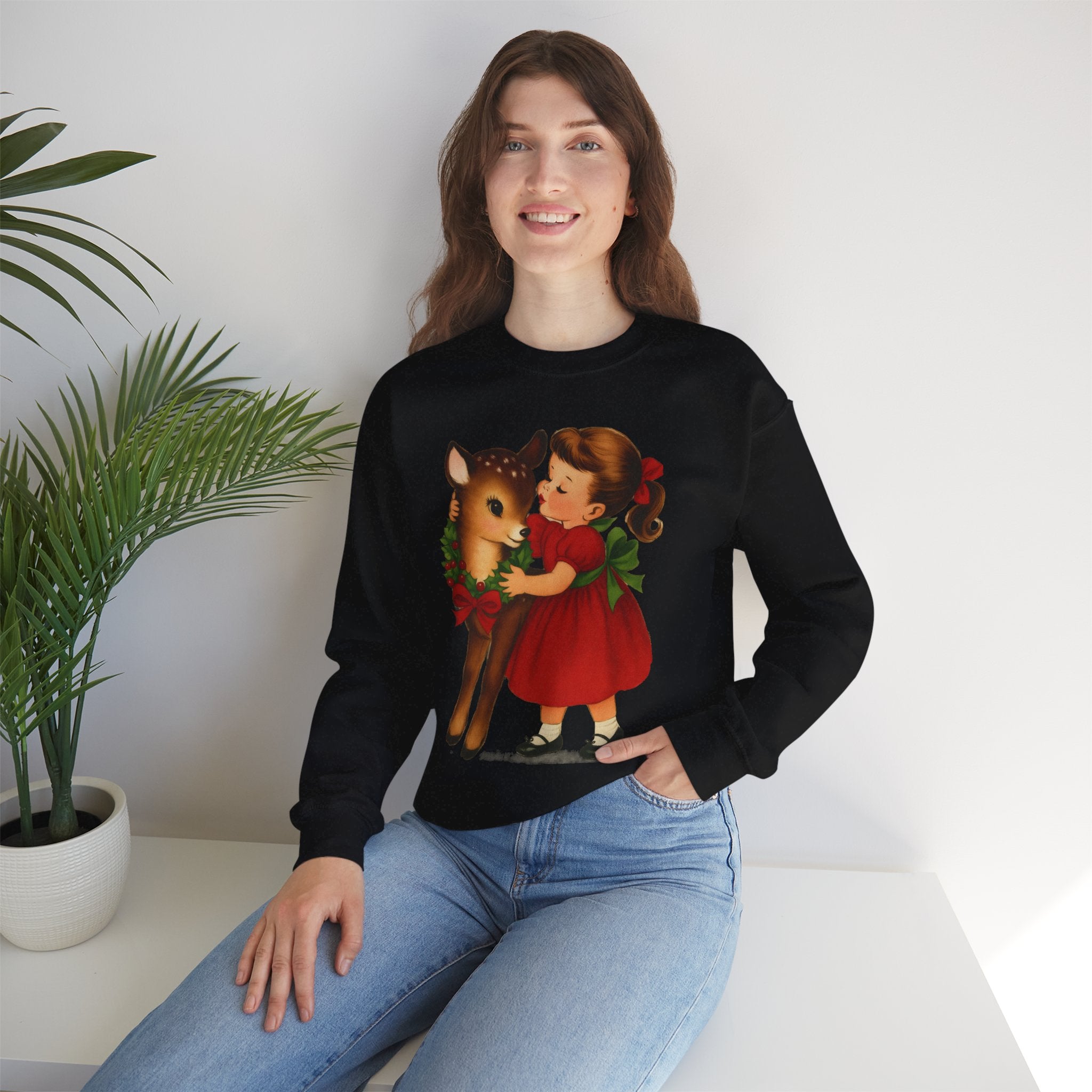 Girl Hugging Fawn Crewneck Sweatshirt - Unisex