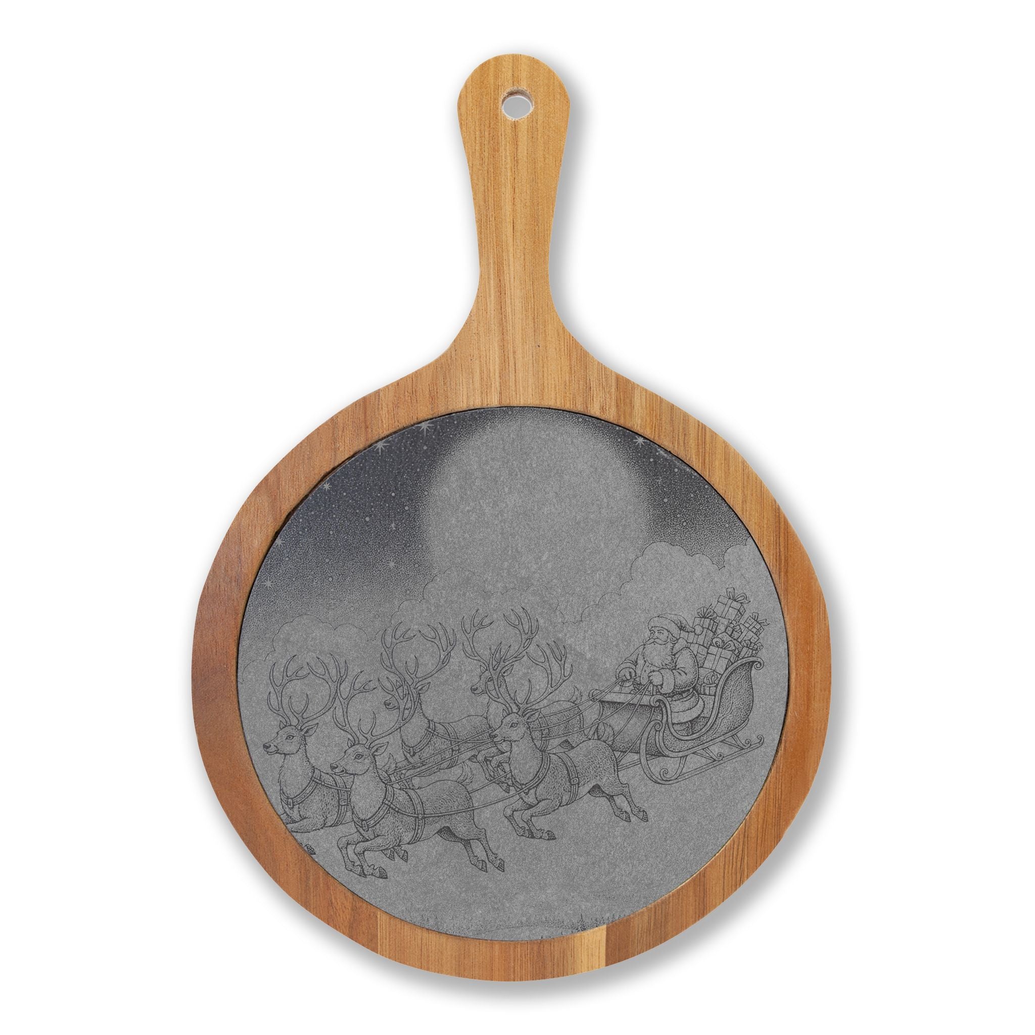 Santa Sleigh Flying Moon Engraved Round Charcuterie Board with Handle