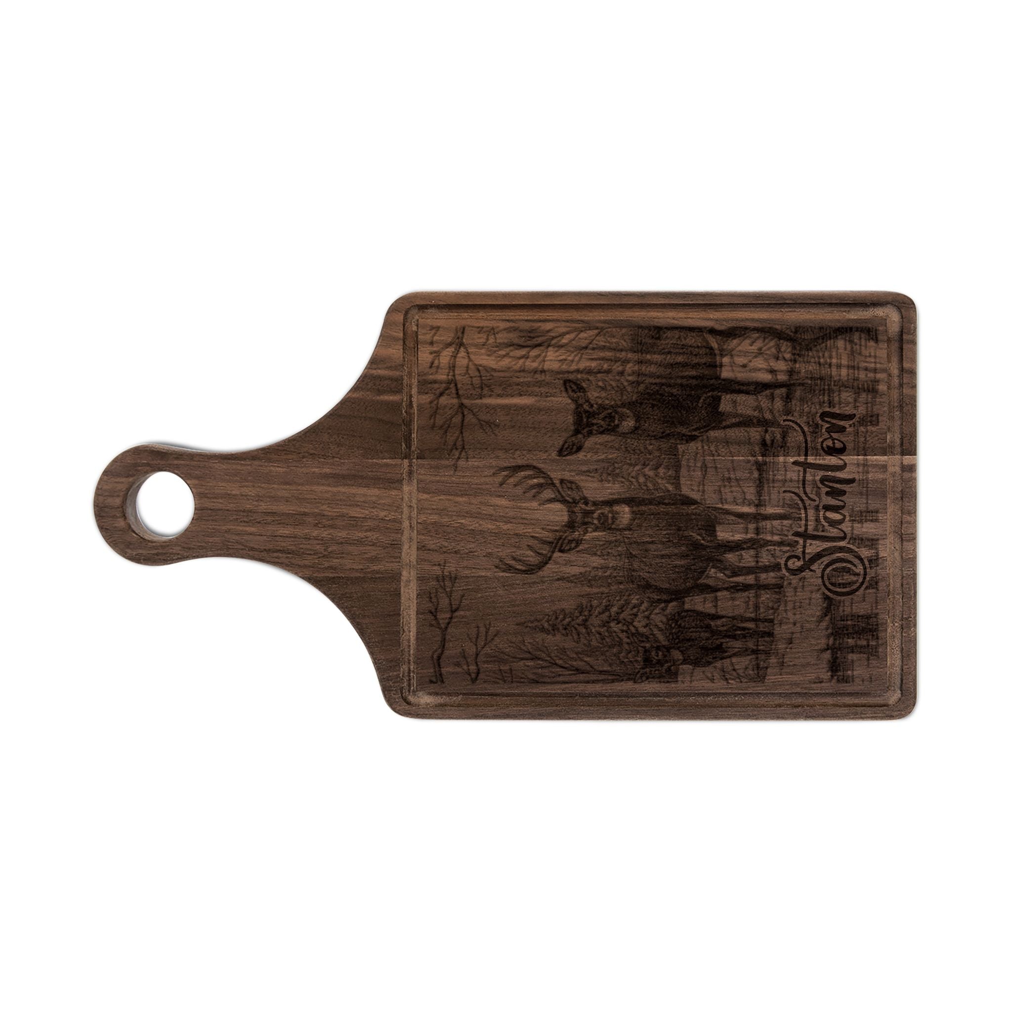 Deer Family in Snow Personalized Engraved Wooden Cutting Board Paddle w Handle