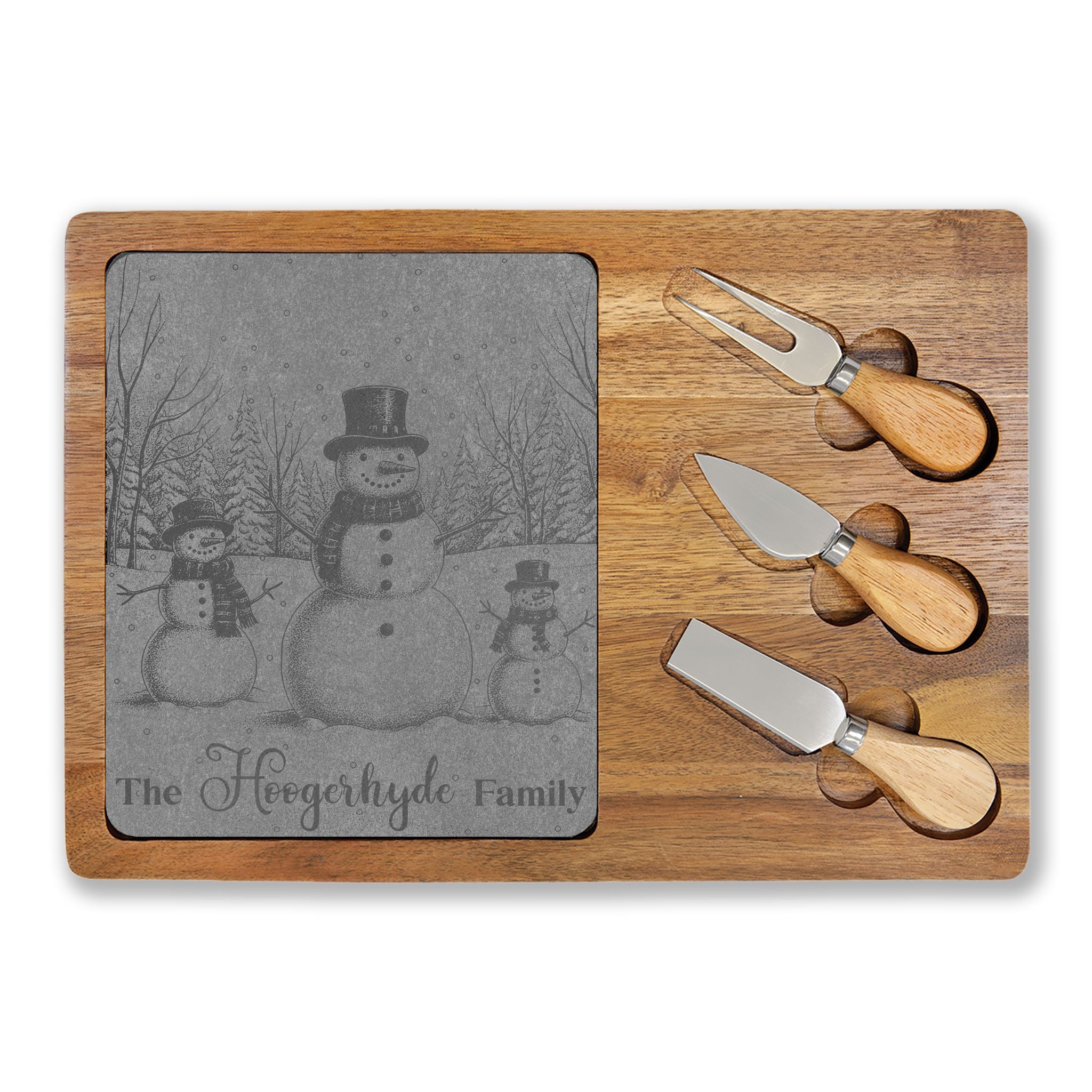 Snowman Trio in Forest Personalized Engraved Charcuterie Board with Slate Inset & 3 Cheese Knives