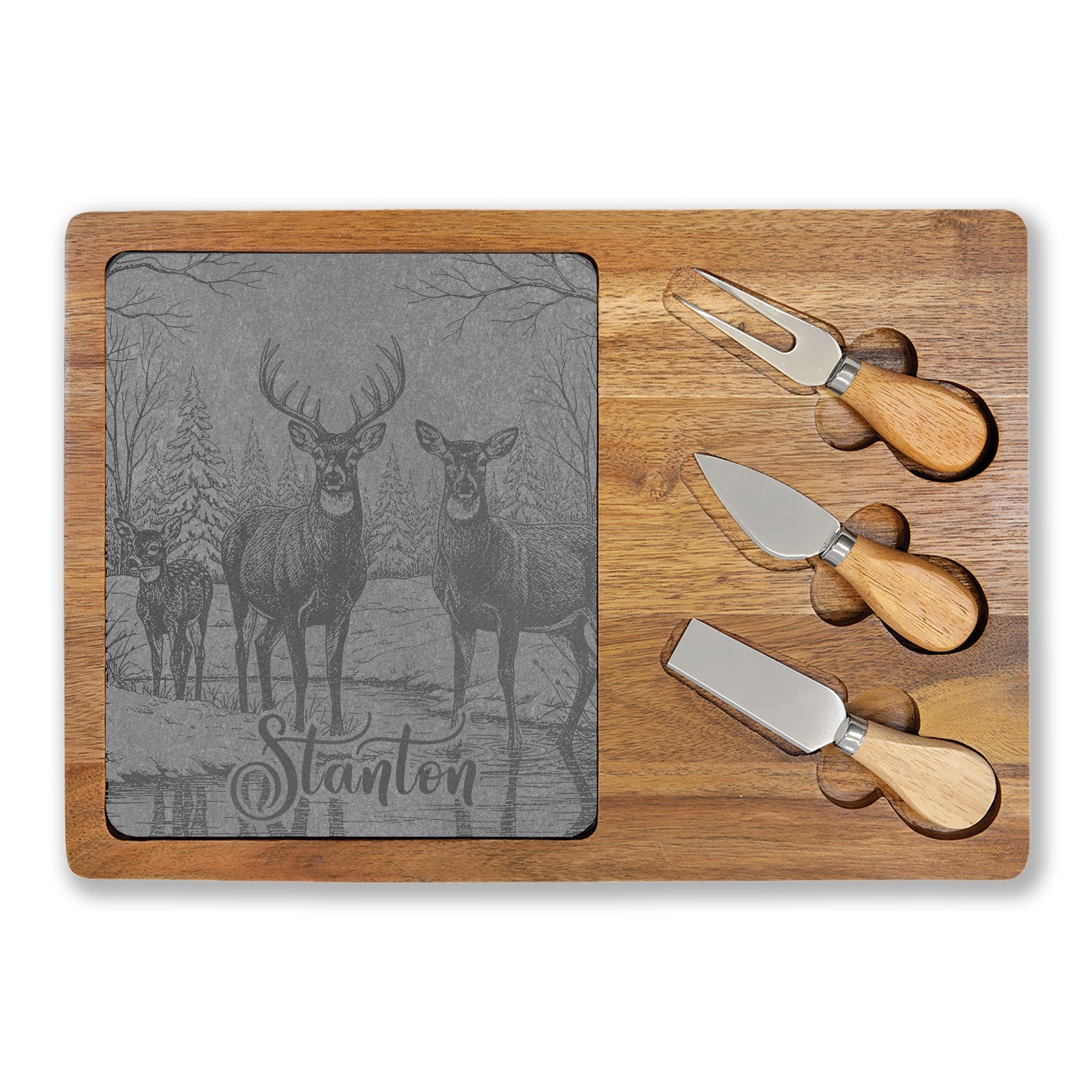 Deer Family in Snow Personalized Engraved Charcuterie Board with Slate Inset & 3 Cheese Knives