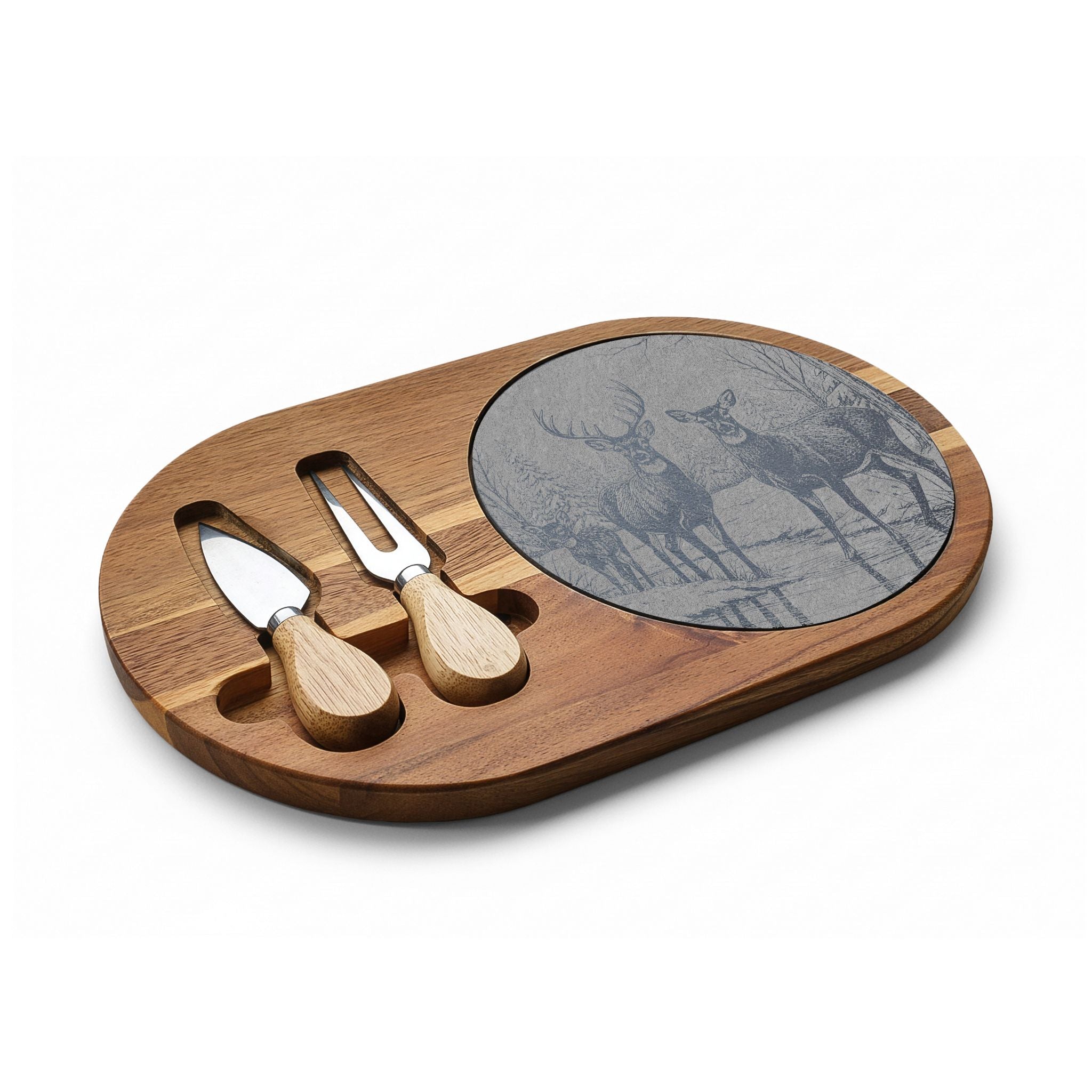 Deer Family in Snow Engraved Charcuterie Board with Slate Insert & Cheese Knives