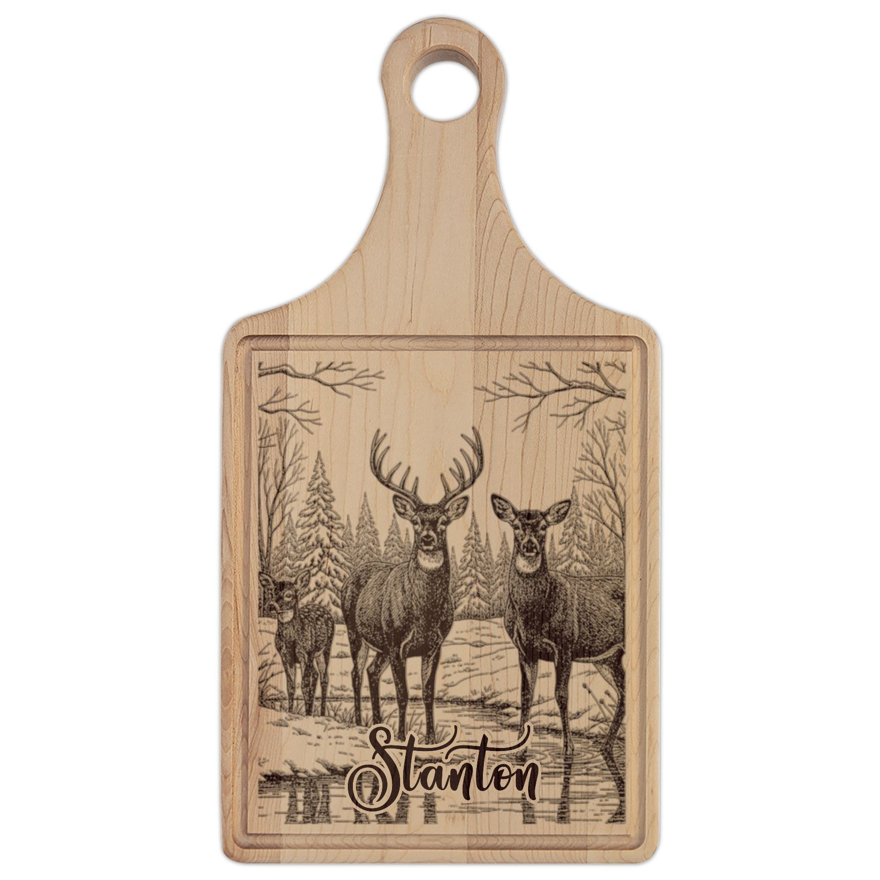 Deer Family in Snow Personalized Engraved Wooden Cutting Board Paddle w Handle