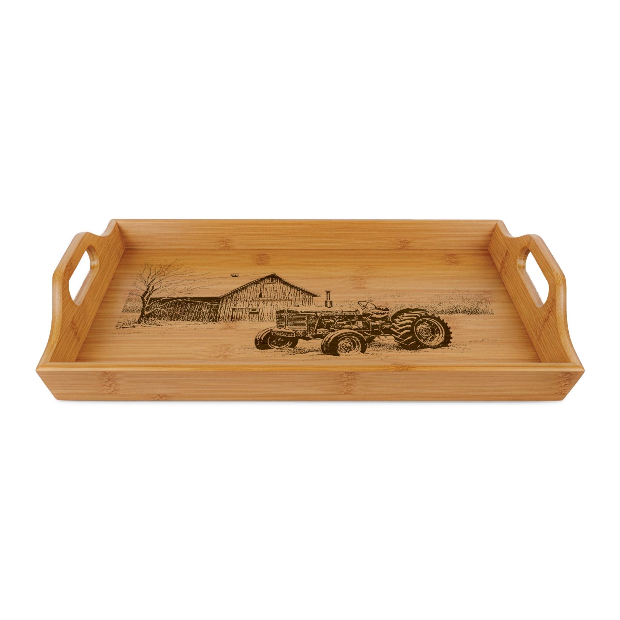Tractor and Barn in Winter Engraved Bamboo Serving Tray