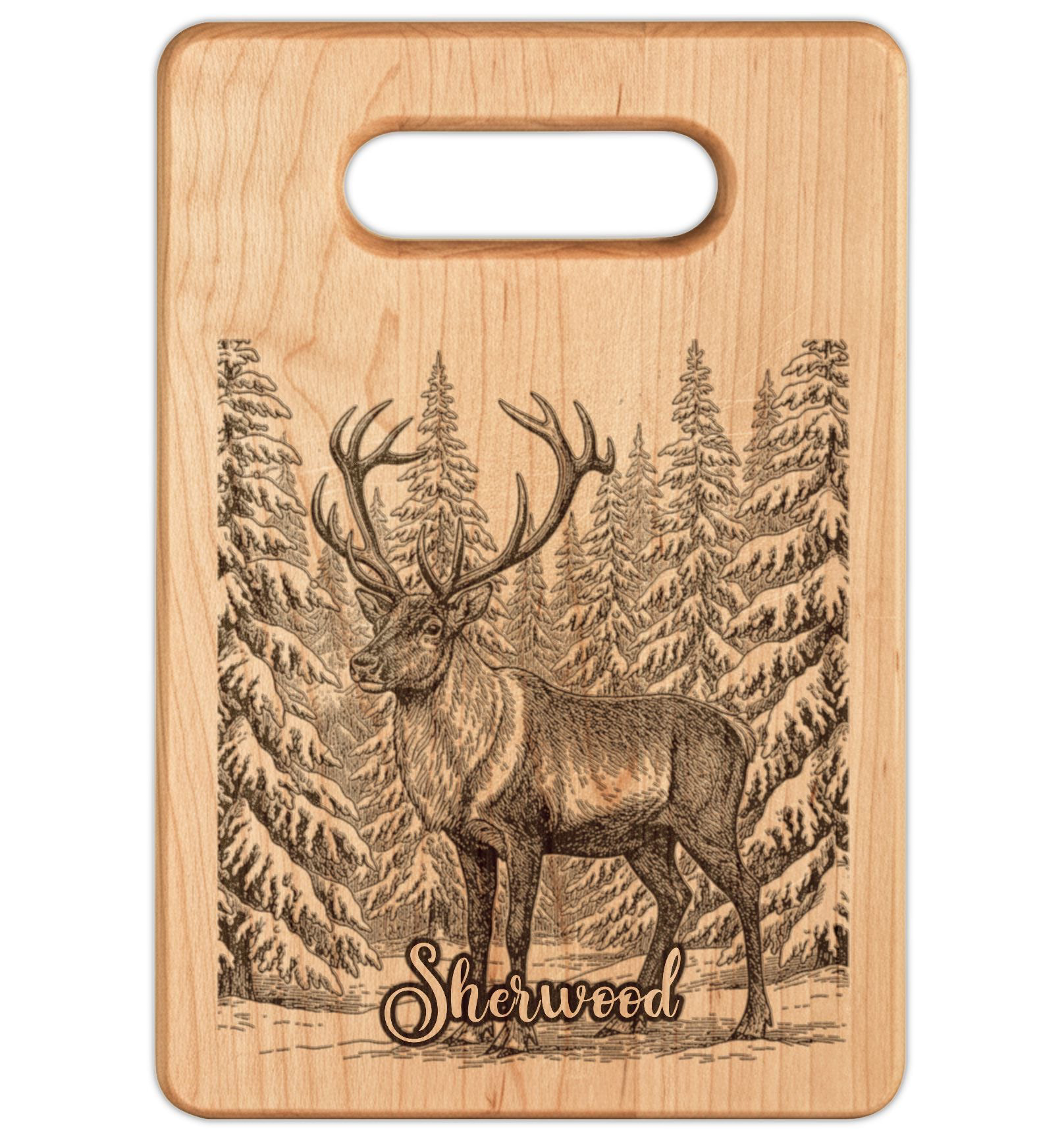 Reindeer in Snow Personalized Engraved Wooden Cutting Board Rectangle Handle