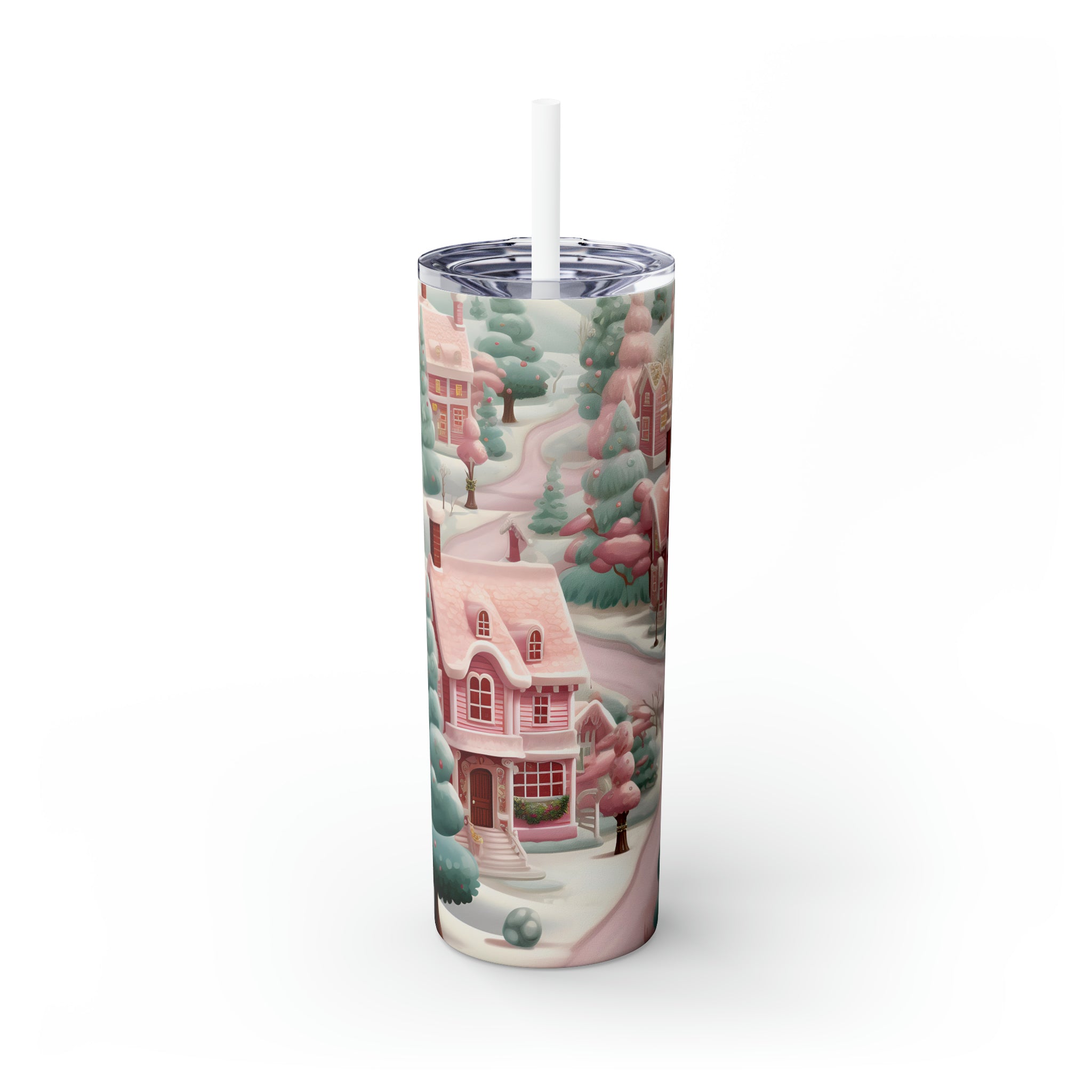 Pink Christmas Village Skinny Steel Tumbler with Straw, 20oz