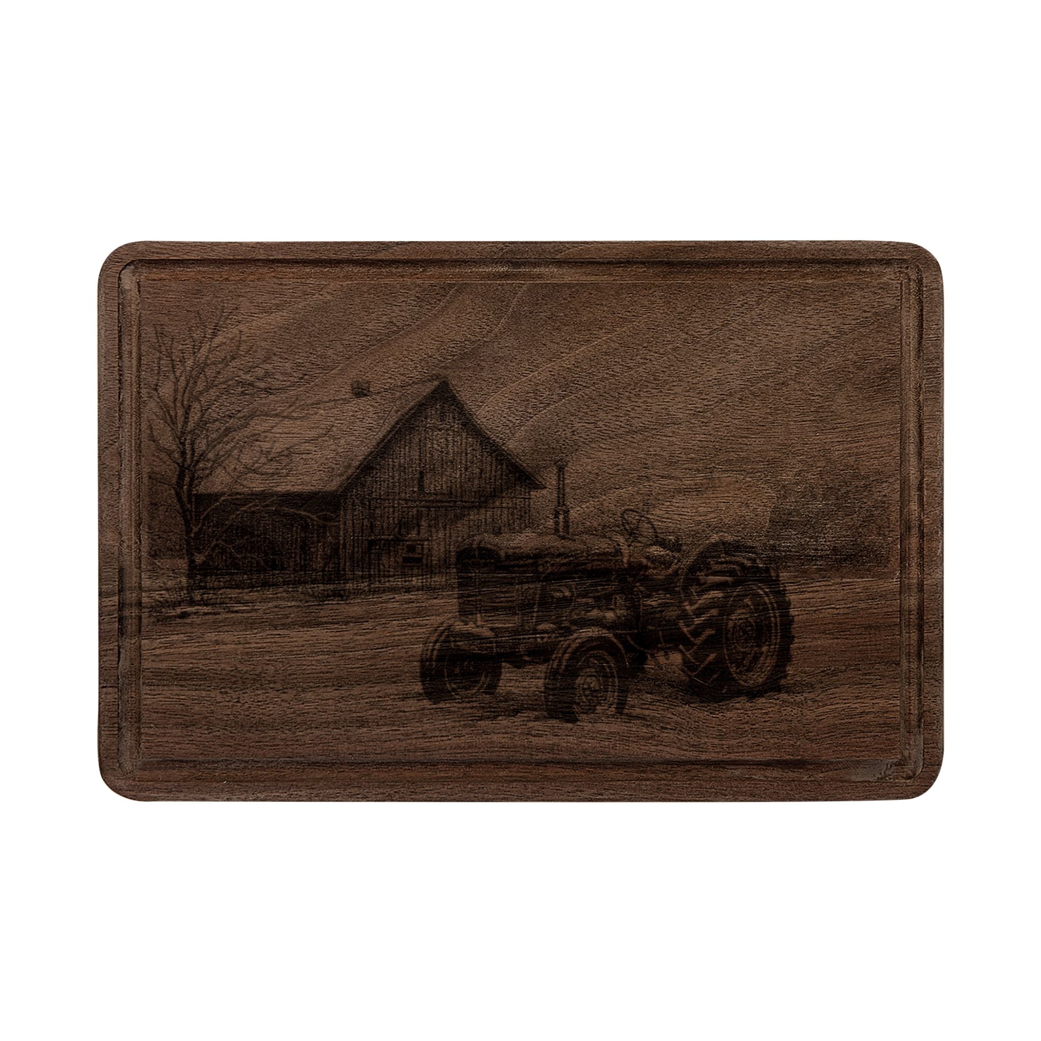 Tractor and Barn in Winter Engraved Wooden Cutting Board