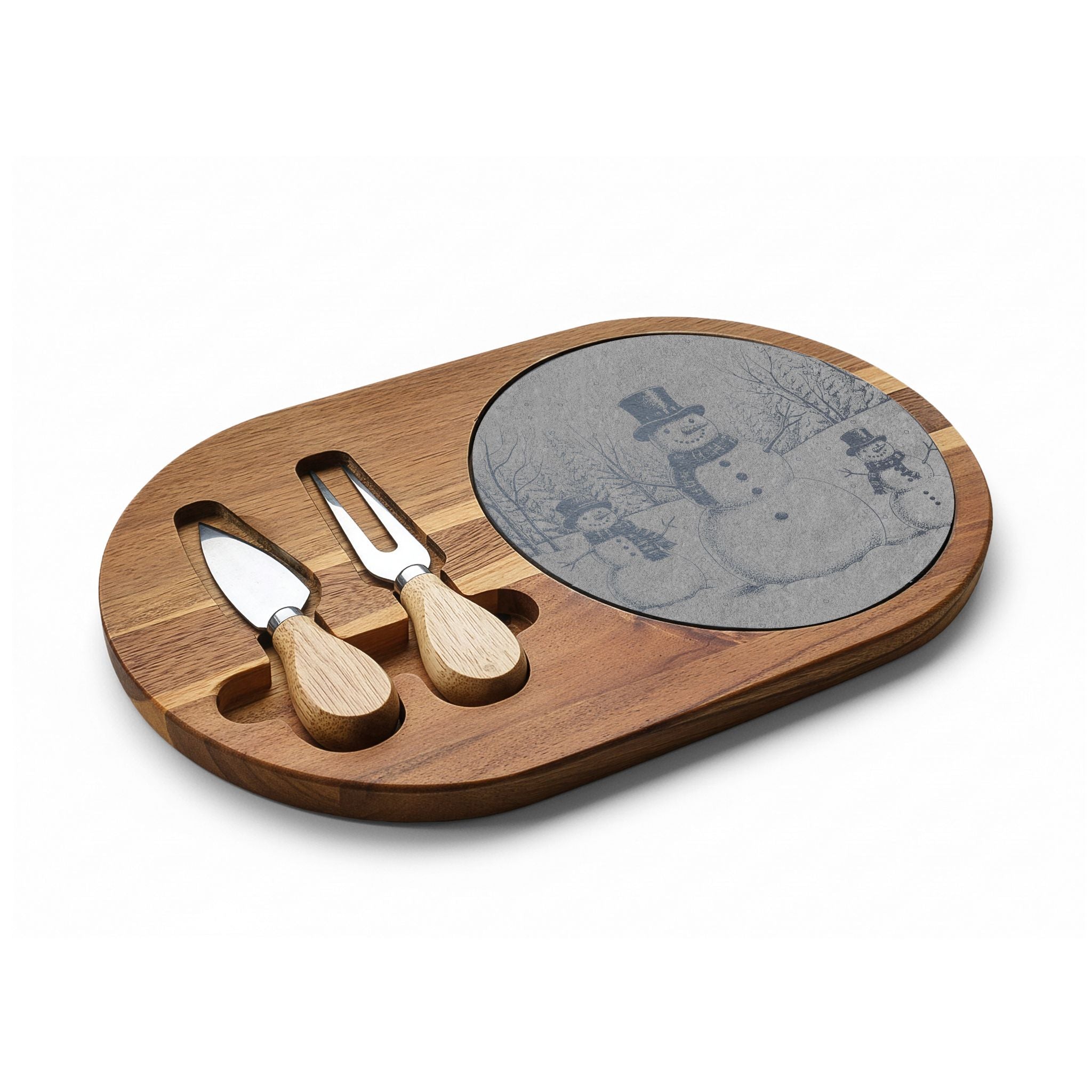 Snowman Trio in Forest Engraved Charcuterie Board with Slate Insert & Cheese Knives