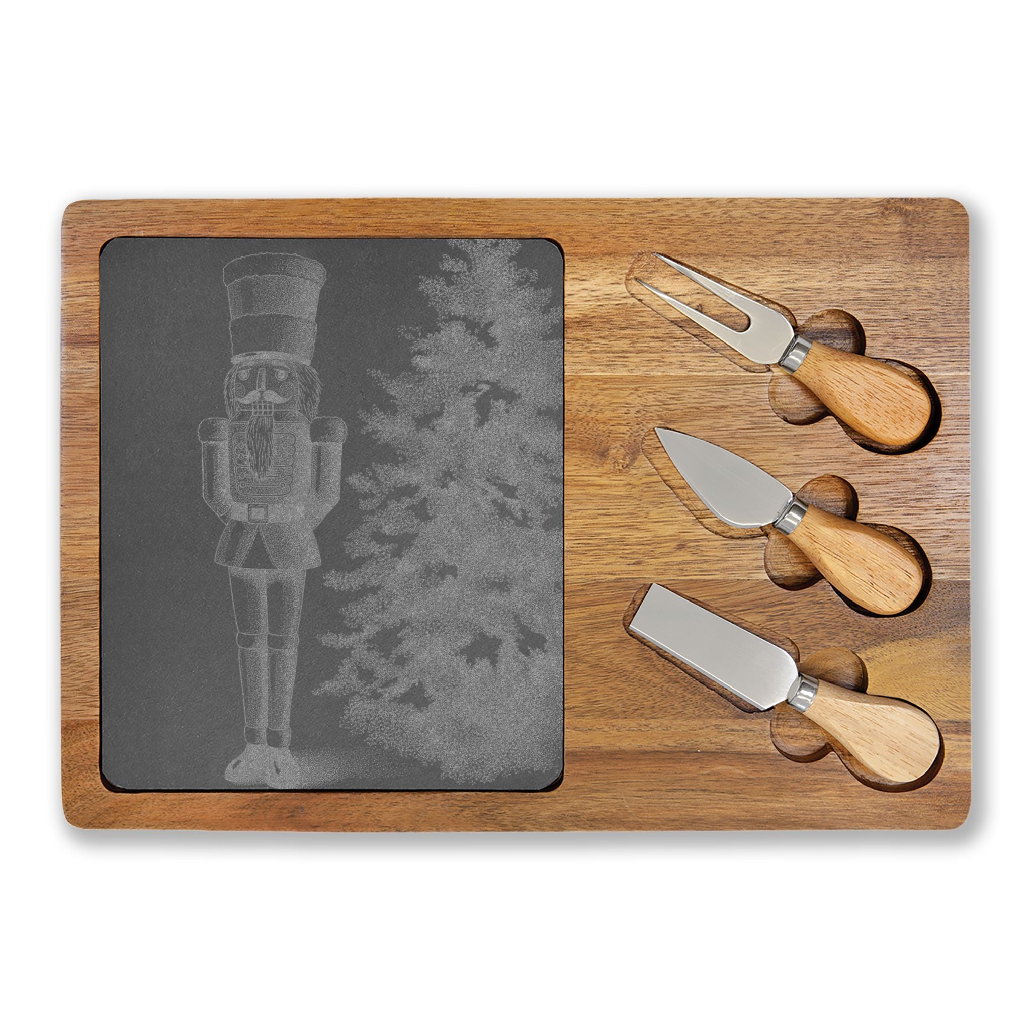Nutcracker by Tree Engraved Charcuterie Board with Slate Inset & 3 Cheese Knives