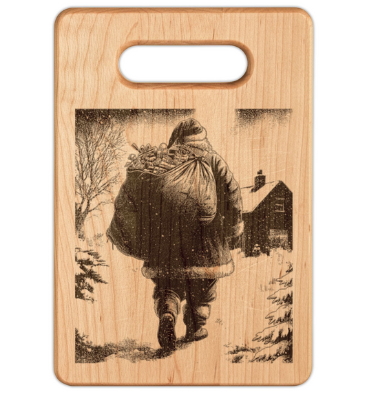Santa Walking with Gift Sack Engraved Wooden Cutting Board Rectangle Handle