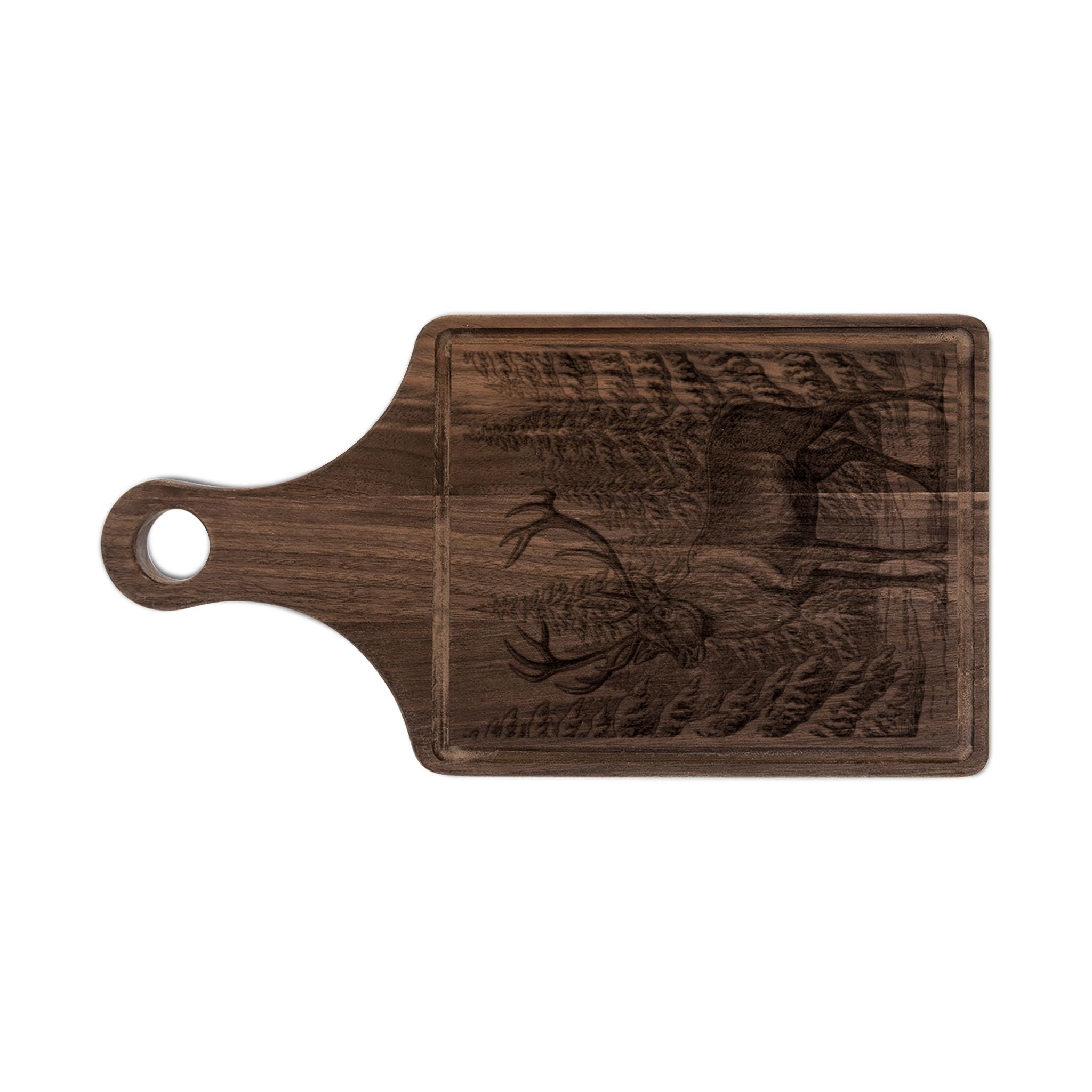 Reindeer in Snow Engraved Wooden Cutting Board Paddle w Handle