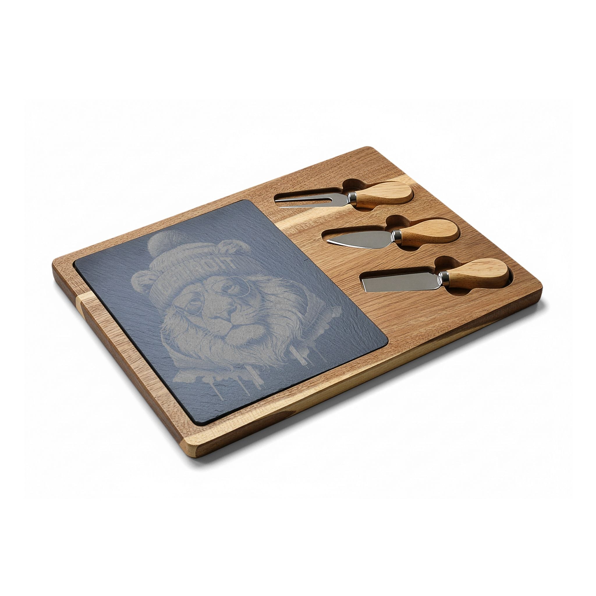 Lion Winter Engraved Charcuterie Board with Slate Inset & 3 Cheese Knives